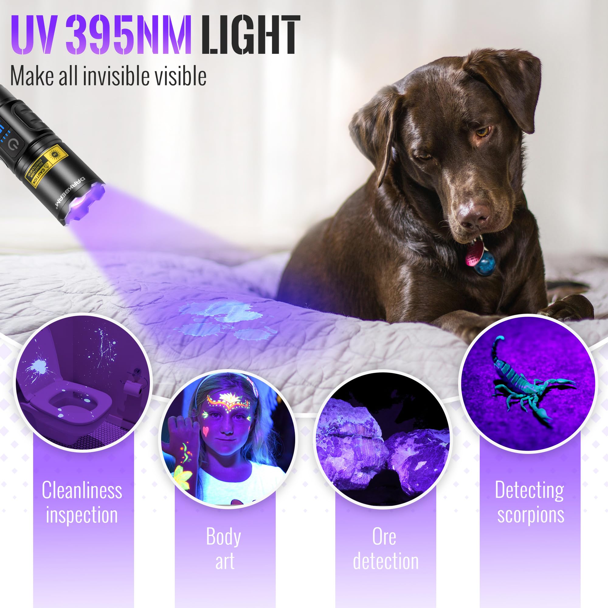 DARKBEAM UV Flashlight A900-W+395, USB Rechargeable Blacklight, Pocket-size, LED White + UV 395nm, Super Bright for Camping & Detection