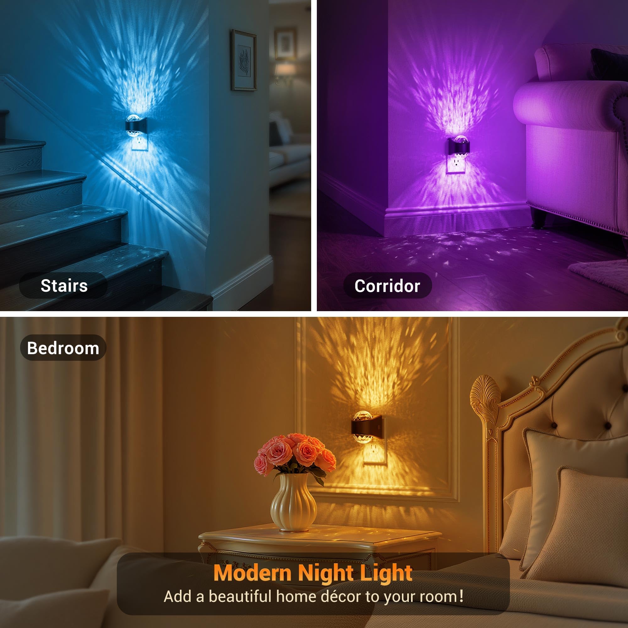 JandCase Star Projector Night Lights, RGB Color Changing, 2 Pack, Plug-in Automatic Galaxy Nightlight for Home Decor