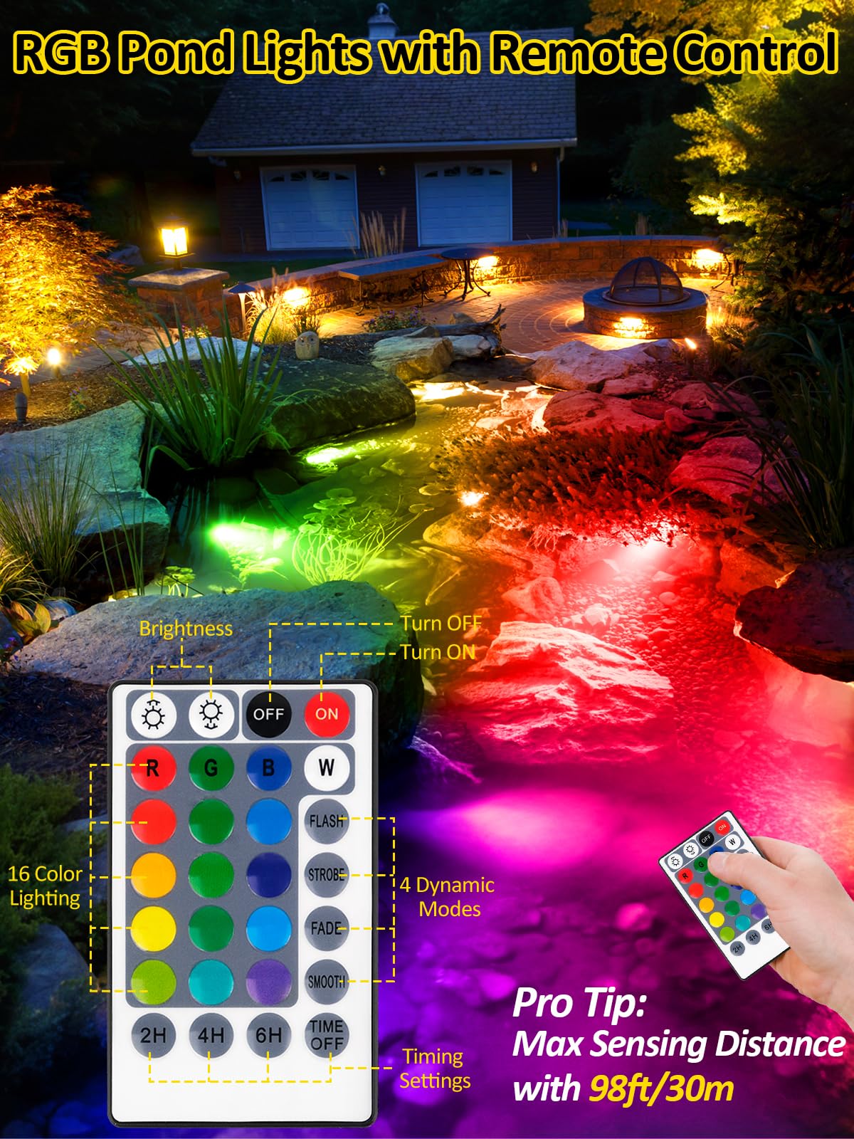 T-SUN Underwater Pond Lights, 6-Head Multicolor LED, IP68 Waterproof, Remote Control, for Koi Pond and Aquarium, Model TS-F2220-V2
