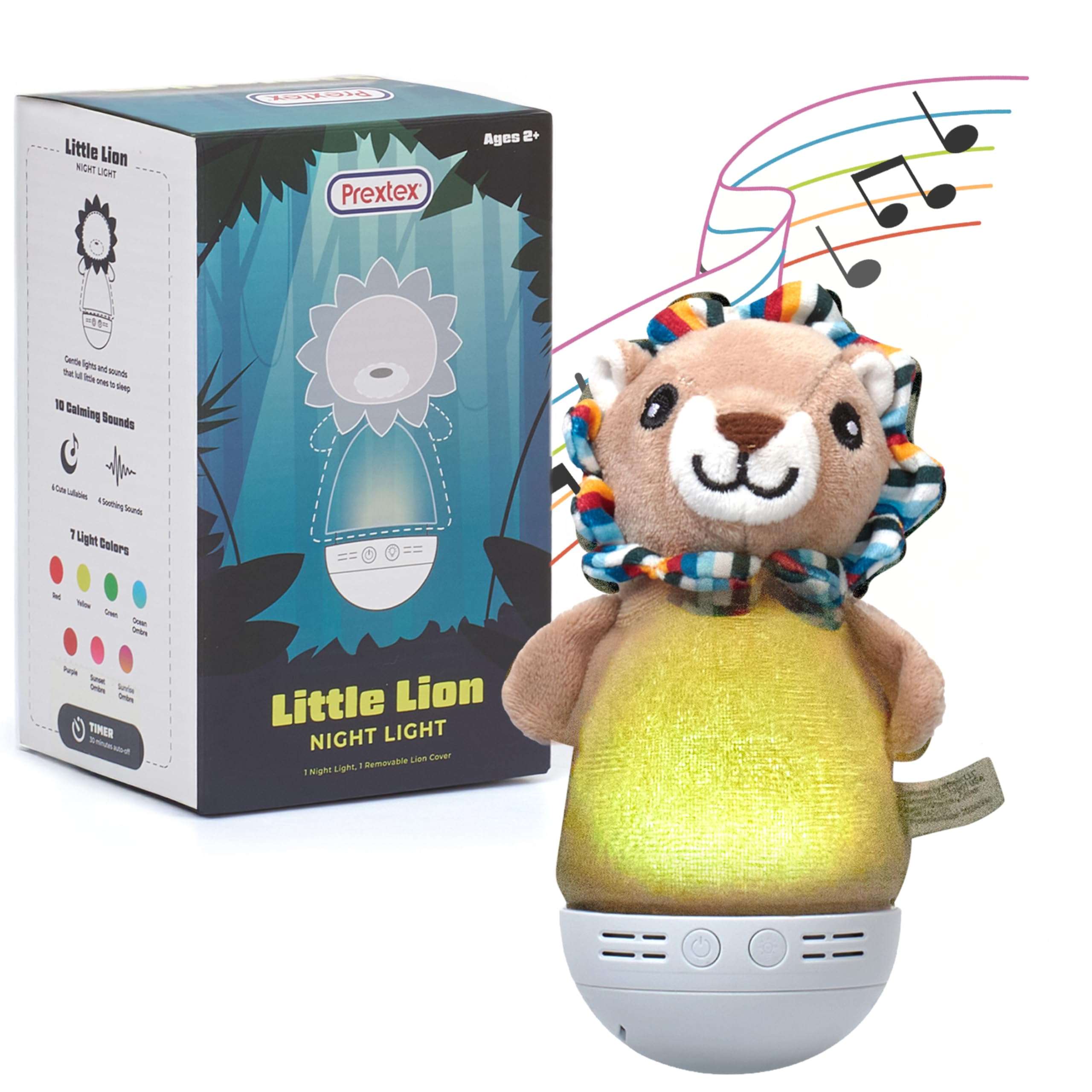 PREXTEX Little Lion Shape Kids Night Light - 7 Colors, 10 Calming Sounds, 6 Lullabies, Timer, Washable Covers, Portable Night La