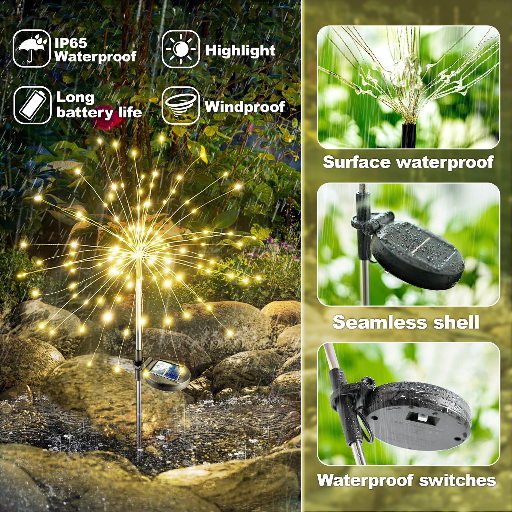 Anordsem Solar Lights Outdoor Waterproof: Garden Light Solar Powered For Yard Outside - Sparkler Fireworks Twinkle Lighting Path