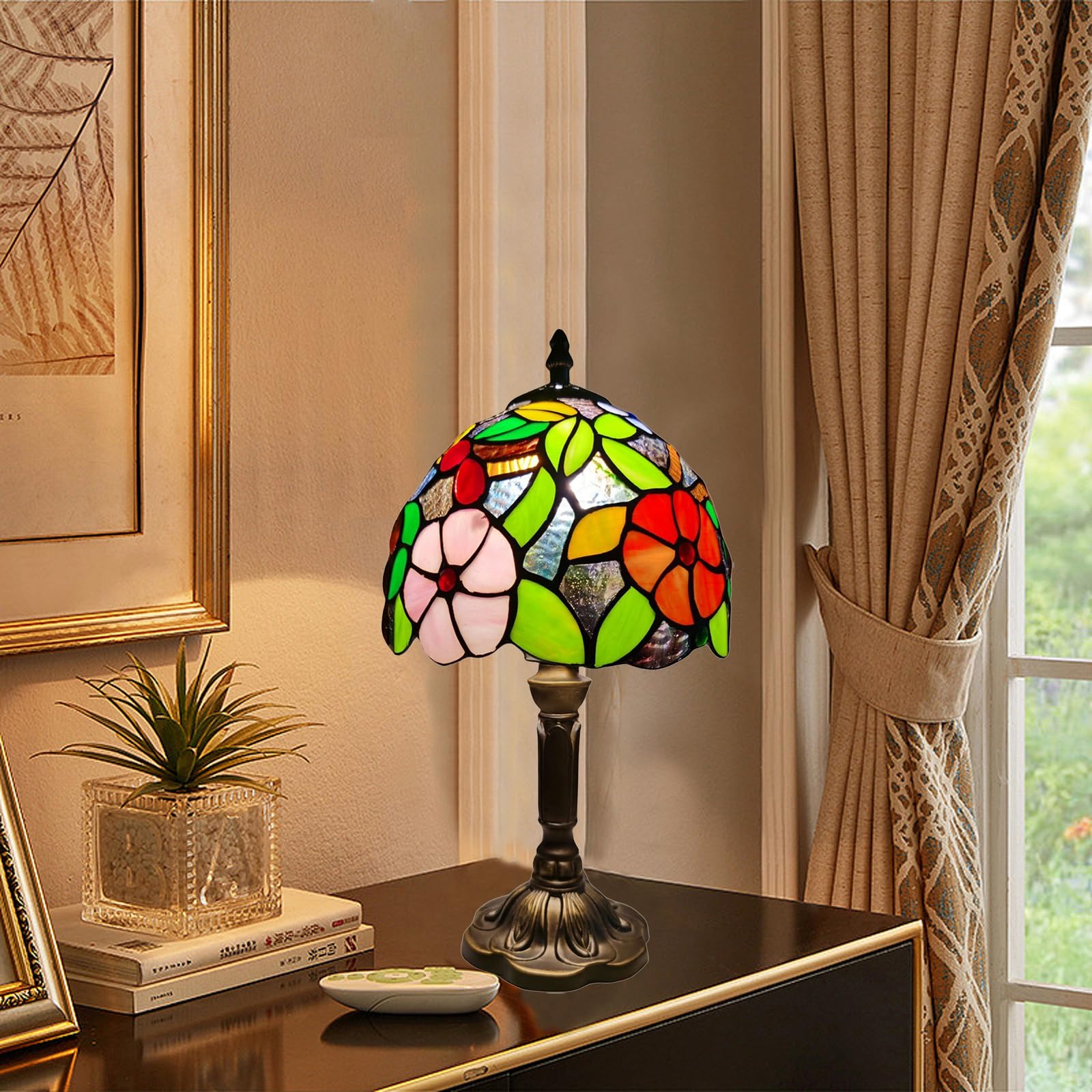 Tuomoxte Tiffany Style Table Lamp, 8 Inch Small Antique Lamp, Stained Glass Lamp, Flower And Grape Pattern, For Bedside Nightstand Bedroom Living Room Home Office, Include Led Bulb