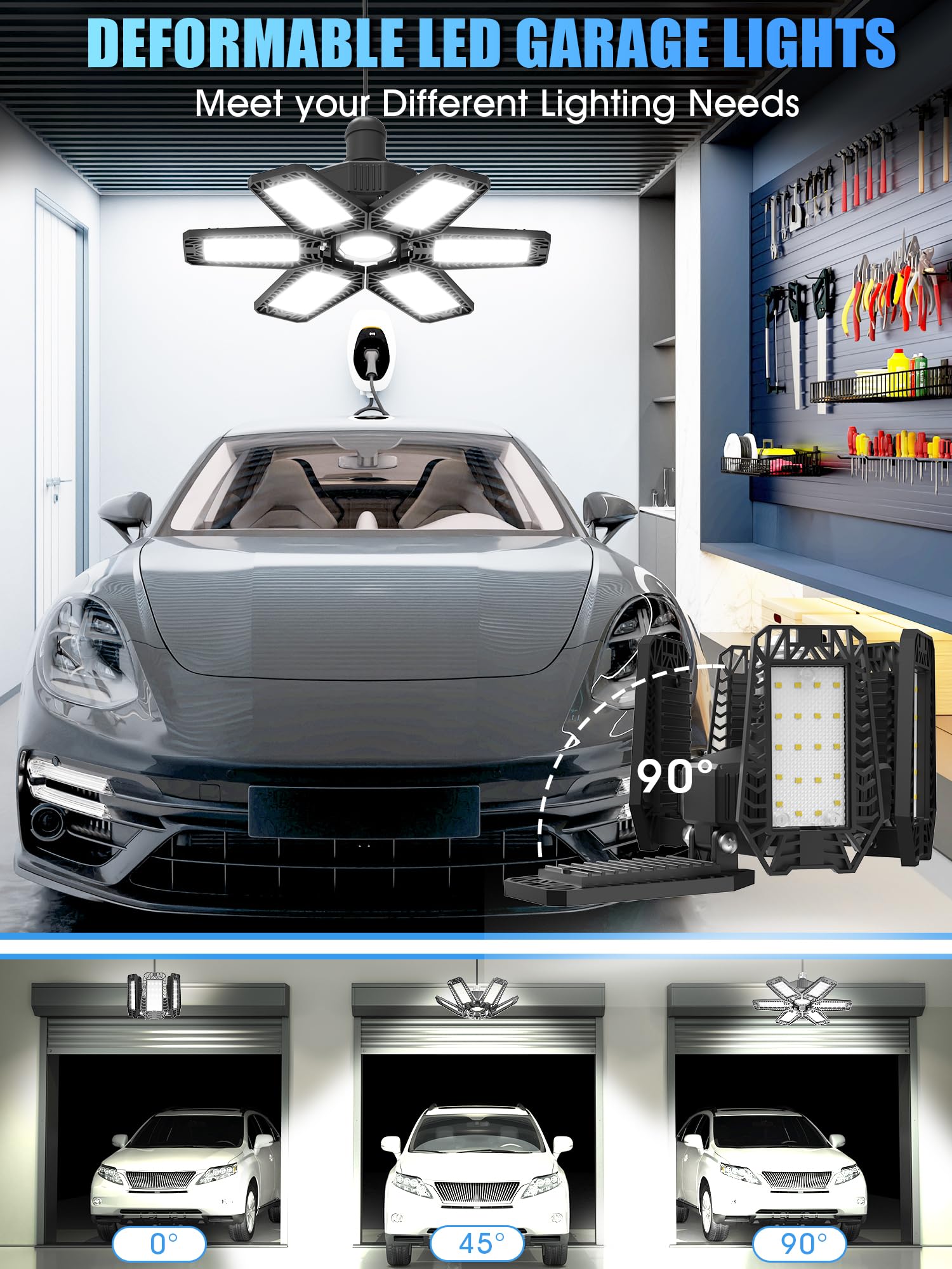 Hapylumi Led Garage Light 1 Pack - 180W 18000Lm Garage Lights Ceiling Led With 6 Adjustable Panels, 6500K Daylight Deformable Li