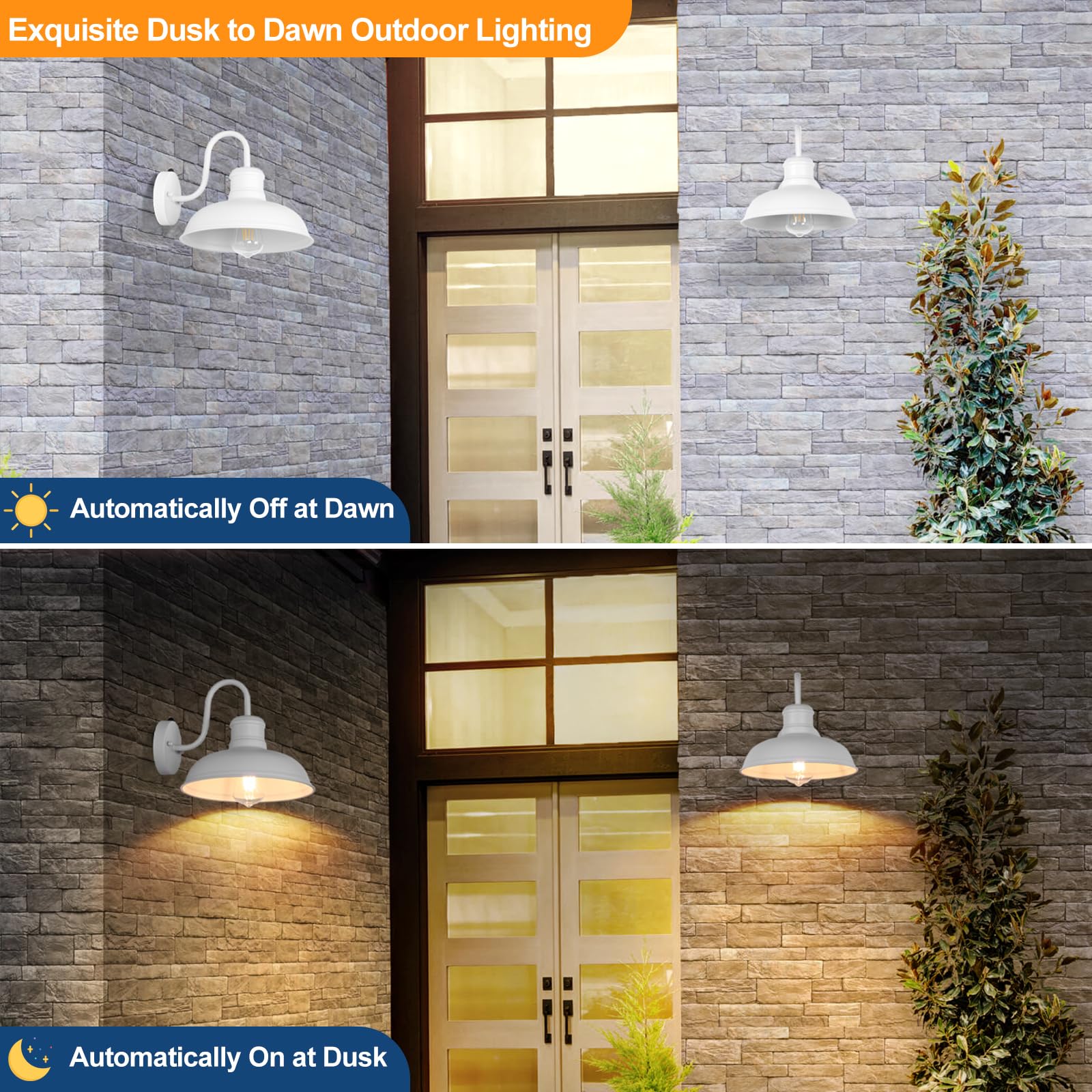Tobusa 2-Pack Dusk To Dawn Outdoor Wall Lights, Exterior Farmhouse Gooseneck Barn Light, White Vintage Outside Wall Mount Light