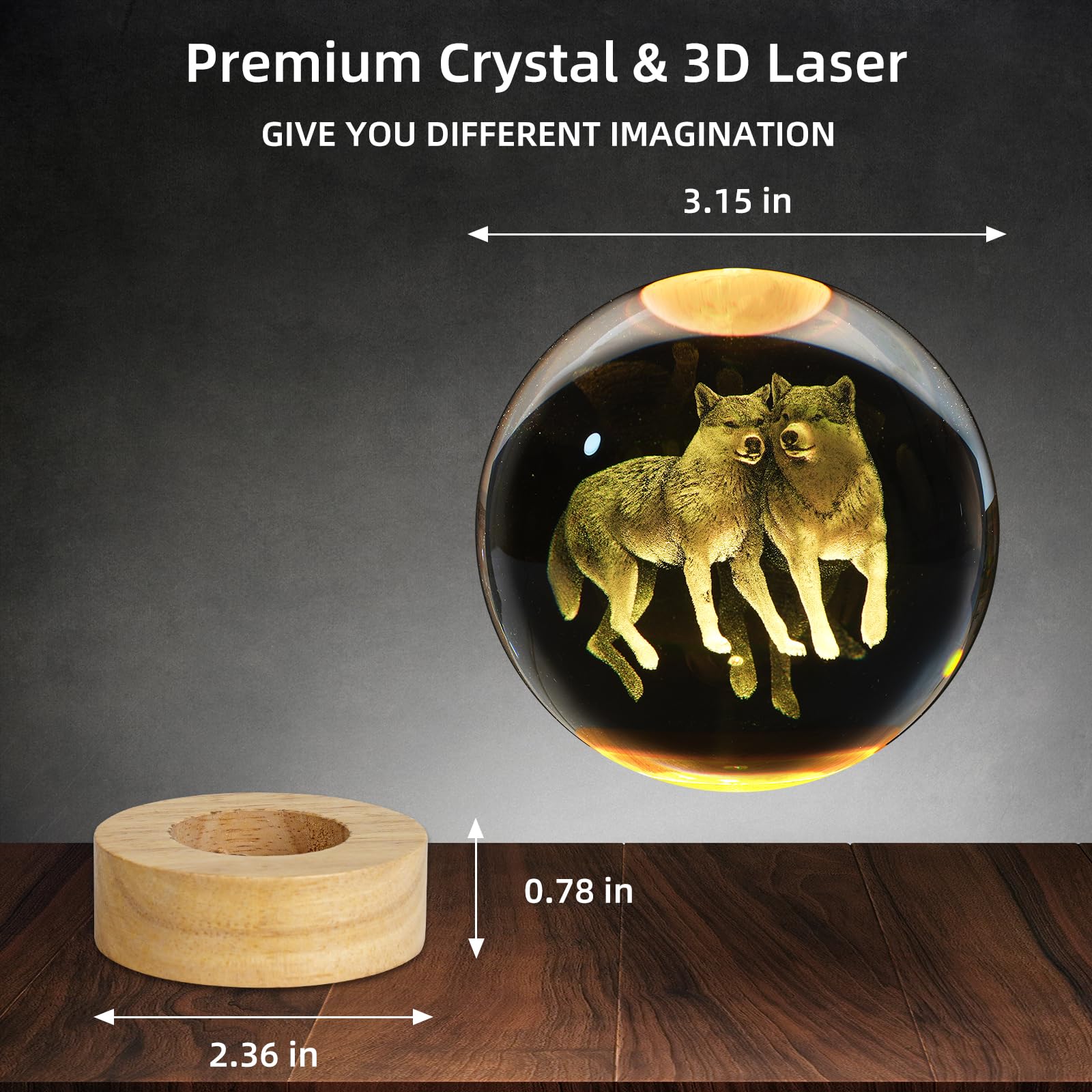 Zxblaq 3D Wolf Crystal Ball Night Light, Upgraded 3.15 Inch Glass Ball Lamp With 16 Color Led Wooden Base, Wolf Statue Decor Bir