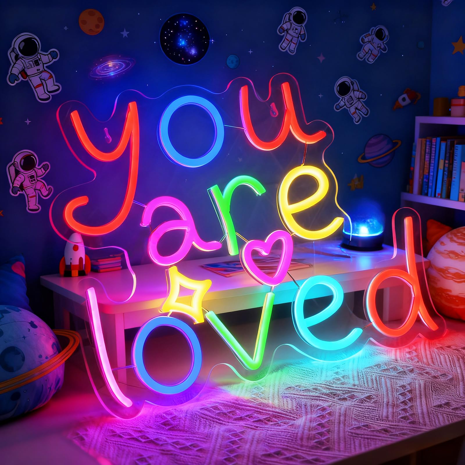 You Are Loved Neon Light for Wall Decor, USB Powered Dimmable Sign for Kids Room, 16x12 Colorful Letter Light, Birthday Gift for