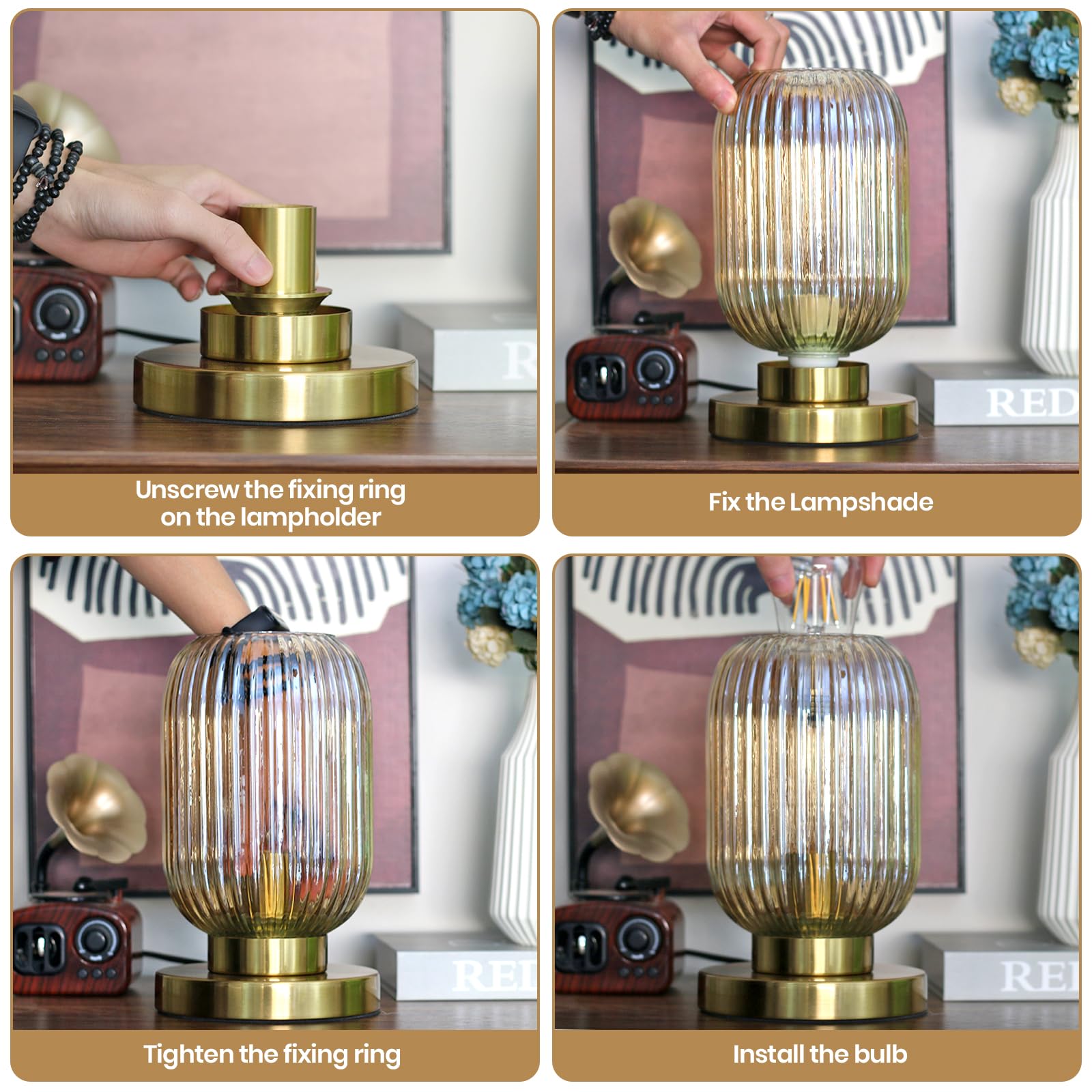 Meishideng Bedside Table Lamp Dimmable Mid Century Modern Lamp Glass Table Lamps Globe Gold Desk Lamp Nightstand Light With Ambe