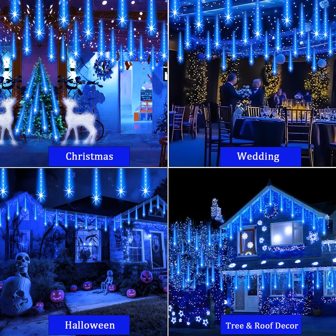 Adecorty Outdoor Christmas Meteor Shower Lights, 8 Tubes, 192 LED, Dripping Icicle String Lights, Blue, UL Certified, 26.9ft