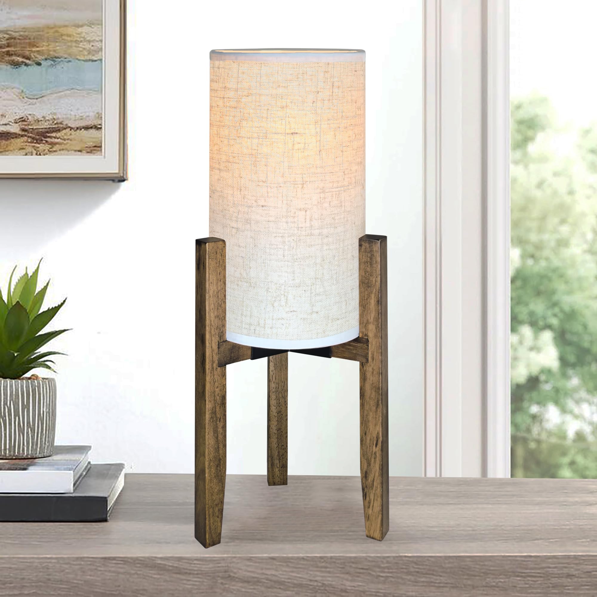 Flashell Bedside Table Lamp for Bedroom, Nightstand Wood Lamp with Cream Linen Shade, Modern Accent Desk Light 17.5 H for Living