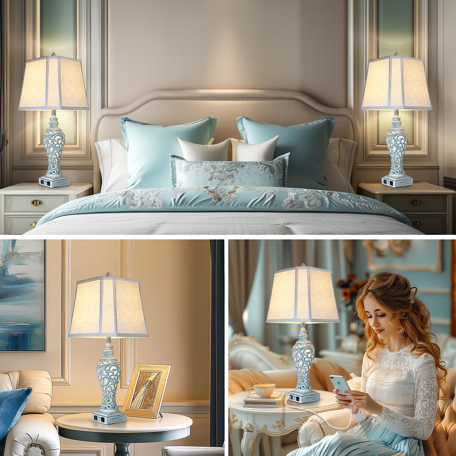 Table Lamp Bedside Lamps Set Of 2, 28.5'' Luxsight Farmhouse Table Lamps For Bedroom, Lamps For Nightstands With Night Lights, W