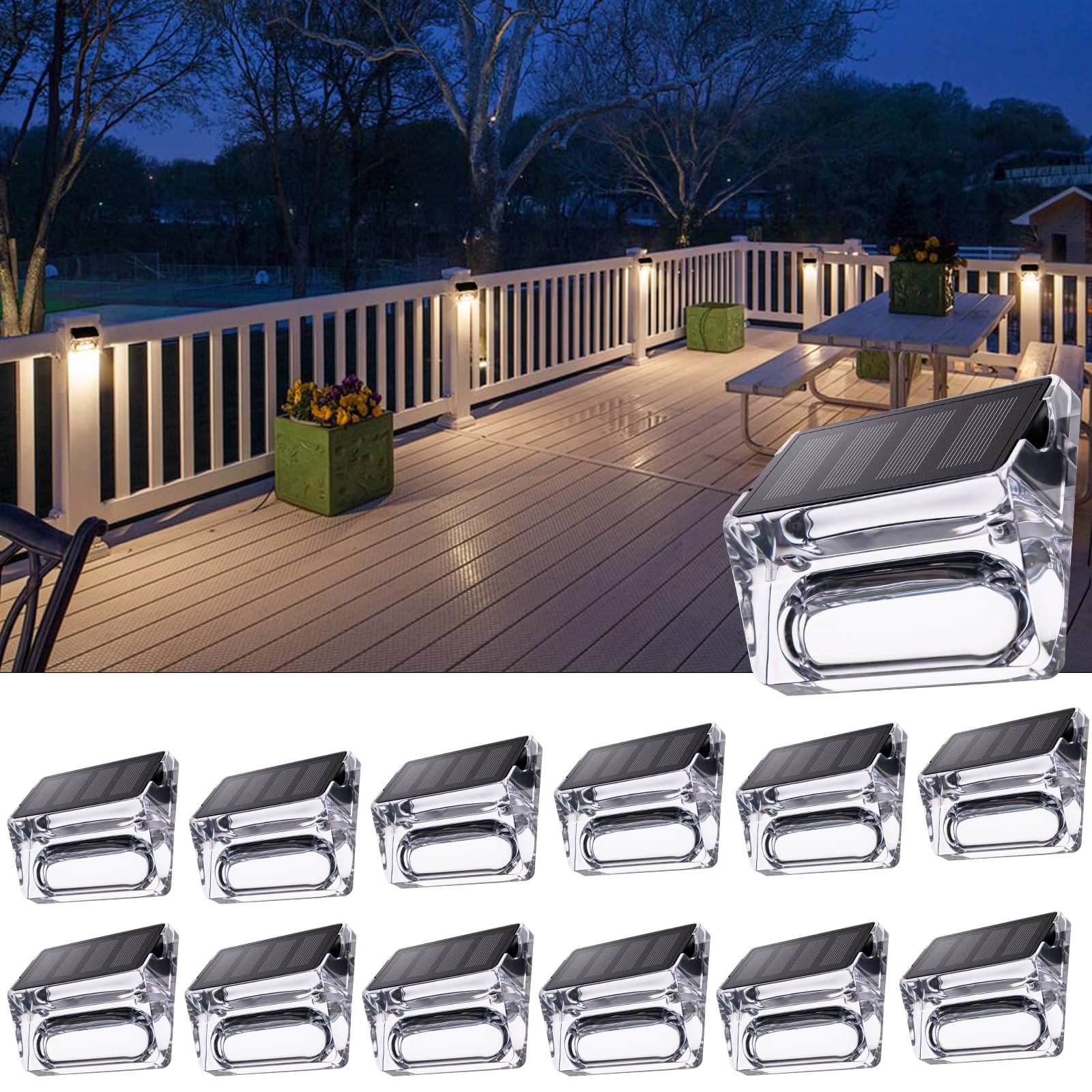 Qualdout Solar Fence Lights, 12 Pack Waterproof Outdoor Deck Lights, Acrylic, Warm White, Model LT0024712
