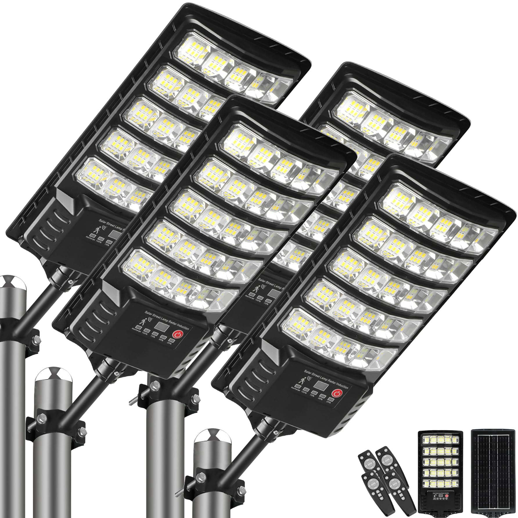 AITERMOND 4-Pack Solar Street Lights, 30000lm, IP66 Waterproof, Motion Sensor, Remote Control, ABS, Black, Model AIT602A