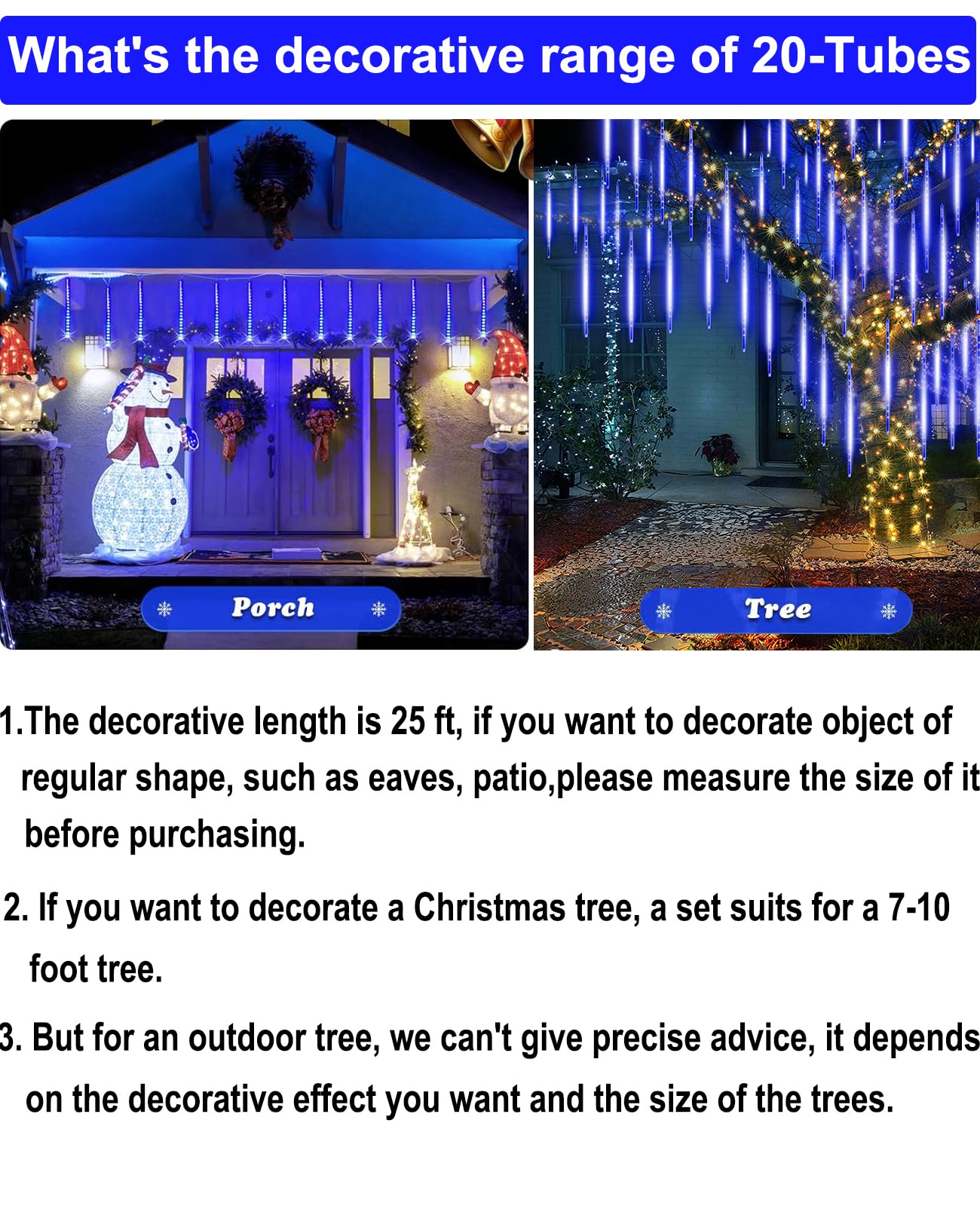 EAGWELL 20 Tube 1080 LED Blue Meteor Shower Lights - Waterproof Cascading Lights for Garden, Porch, Wedding, and Christmas Decor
