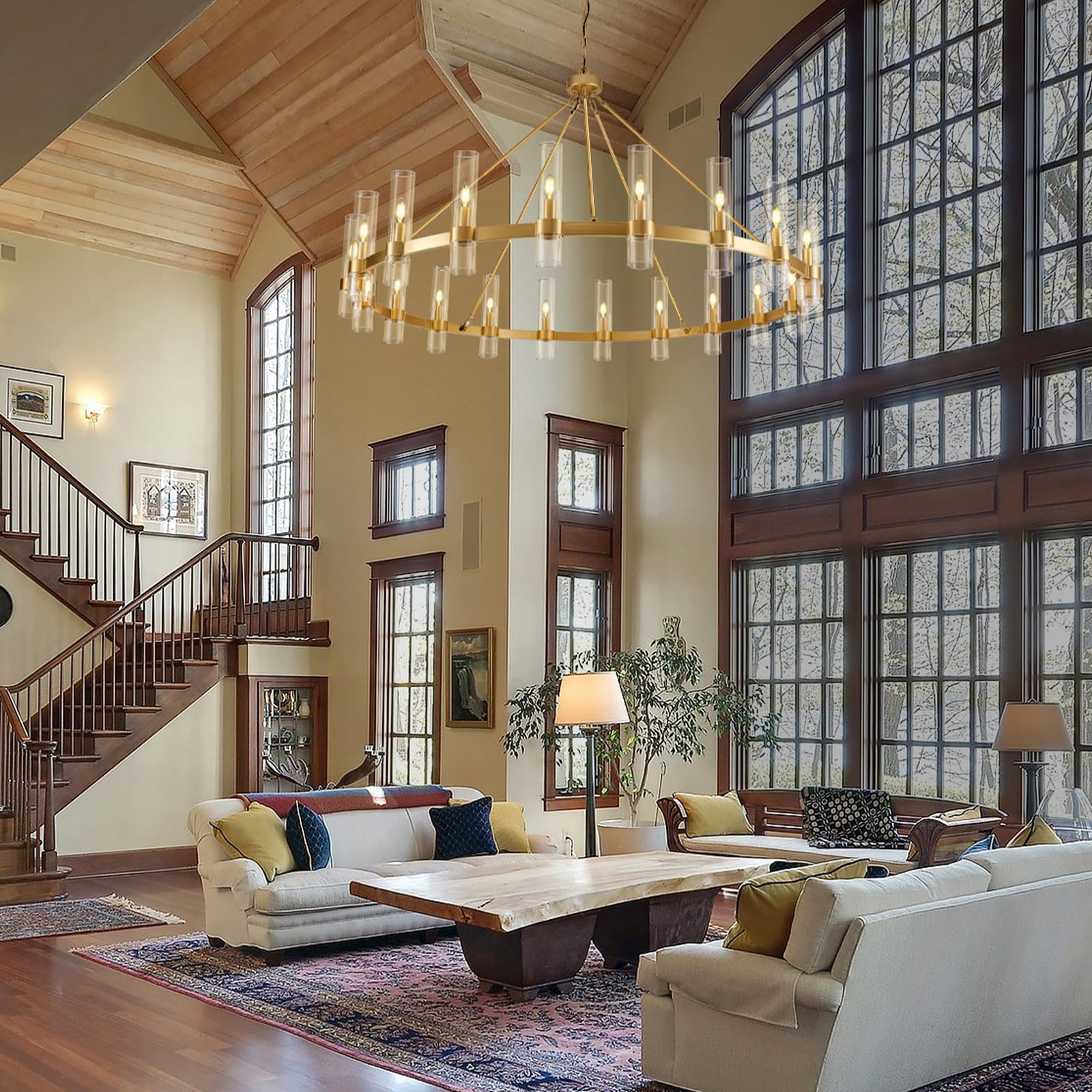 Gold Wagon Wheel Chandelier, 60 Inch Chandeliers With Glass Shade, 20 Light Chandelier For High Ceiling, Modern Farmhouse Chande
