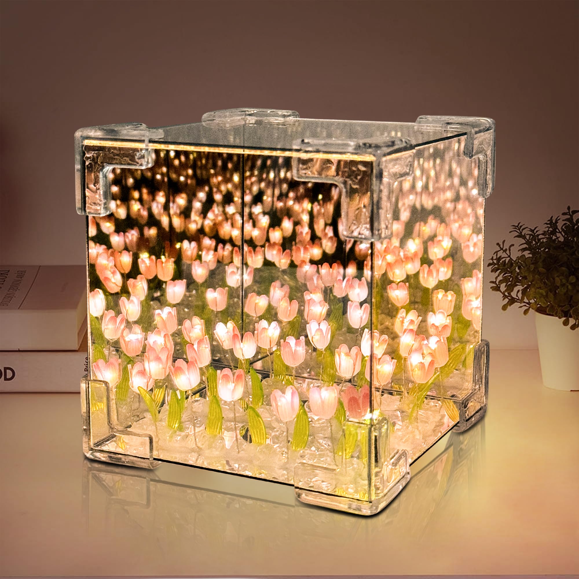 DIY Tulips Cube Mirror Lamp,Finished Tulip Night Light,Handmade Tulip Flower Magic Lights,Bedroom Living Room Desktop Decor for 