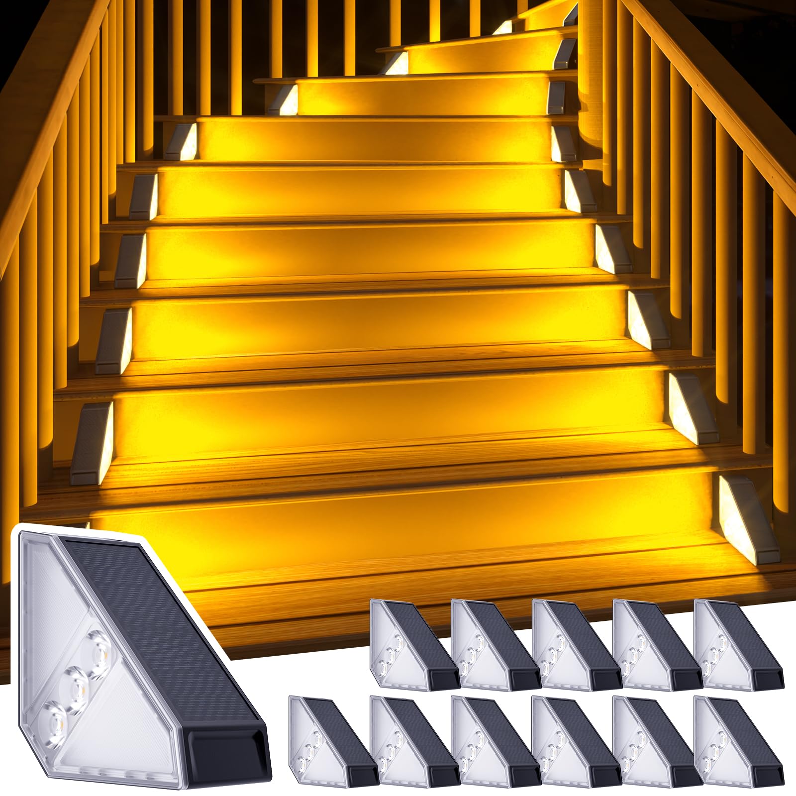 Roshwey Solar Step Lights For Outside  12 Pack Solar Stair Lights Outdoor Waterproof  Triangle Deck Step Lights Solar Powered  Outdoor Decor Lighting For Front Porch  Backyard  Patio  Warm White