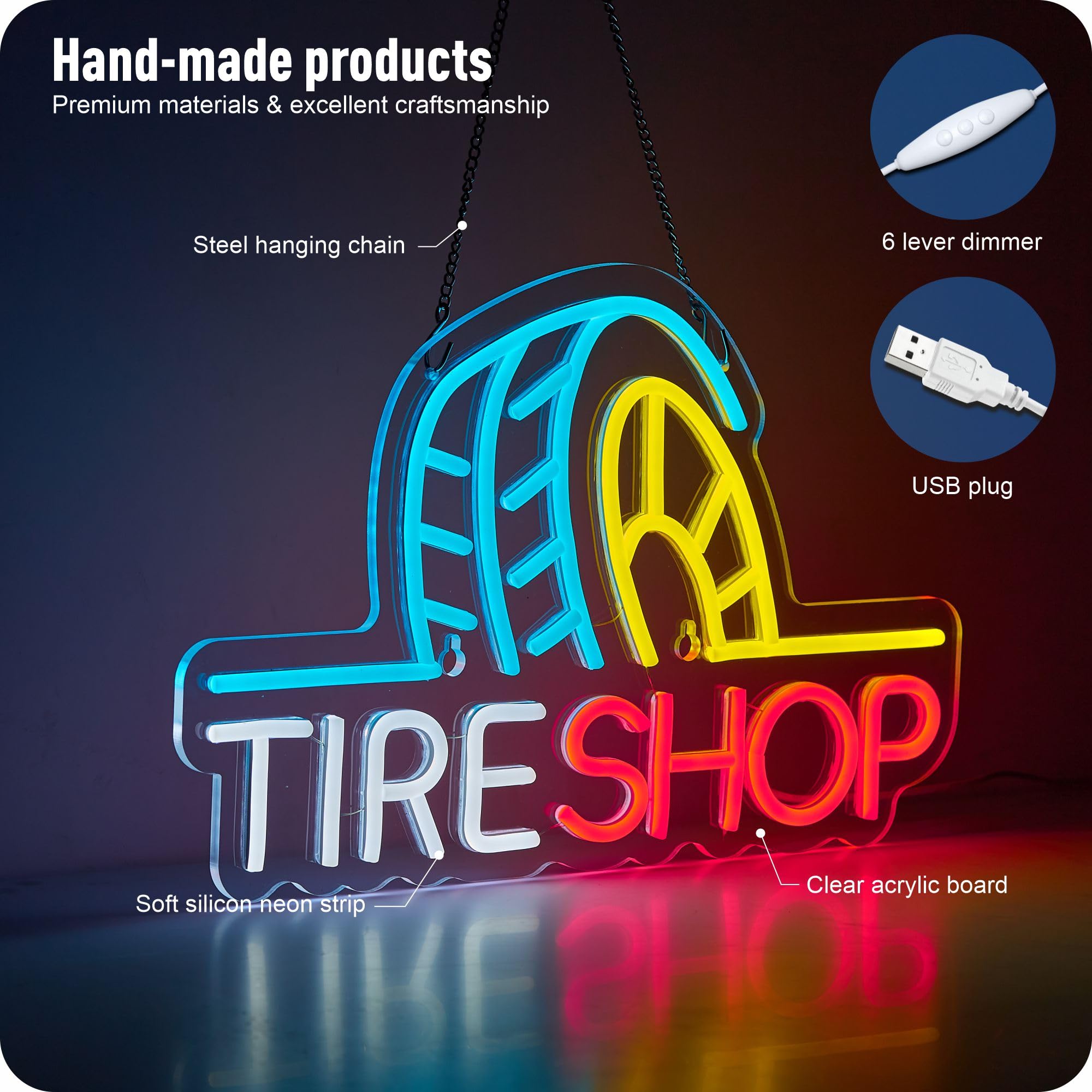 IMTATTO Tire Shop Neon Sign - LED Wall Light, Dimmable, USB Powered, 16.5x11 inches, Blue/Yellow/Red - Garage Decor for Auto Supplies