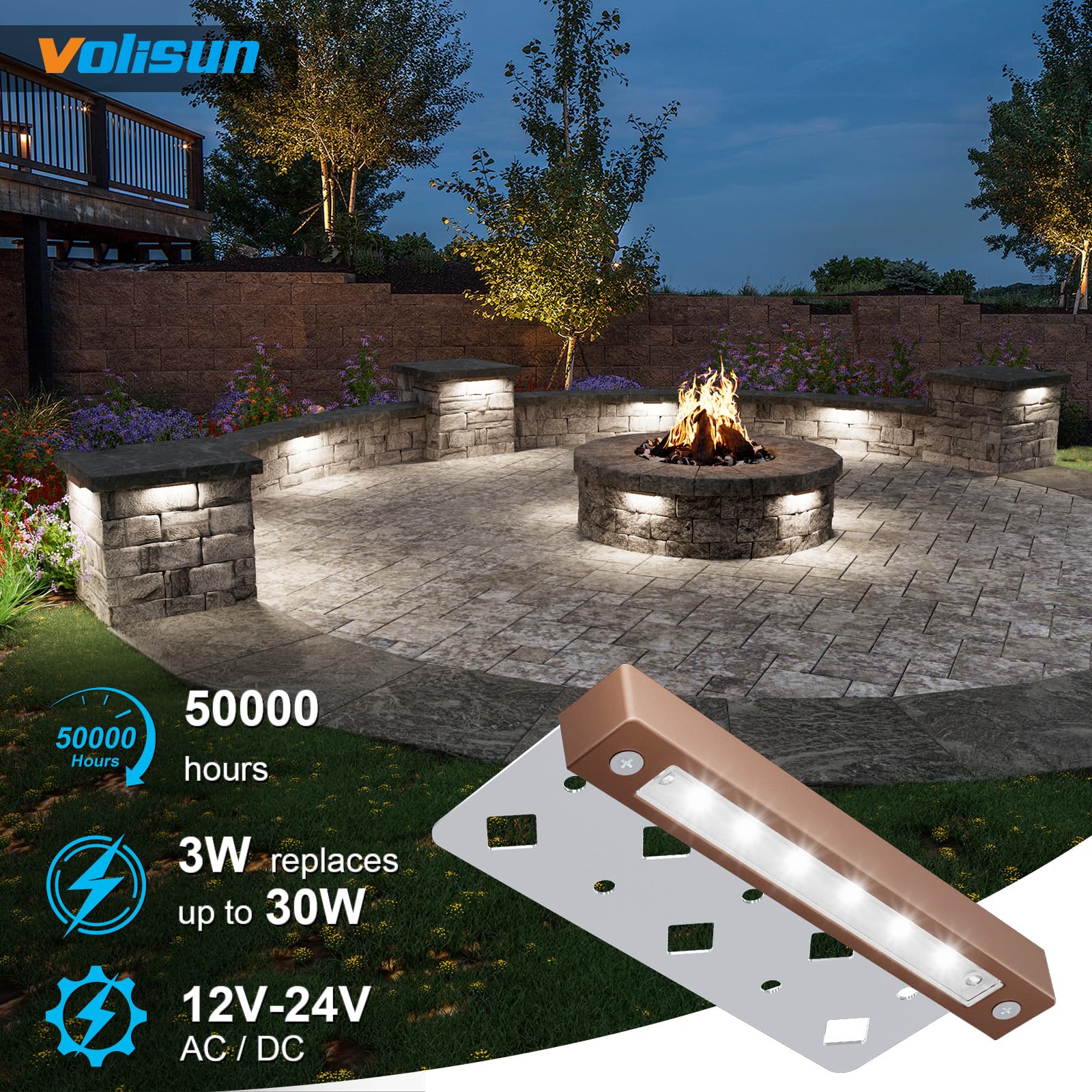 VOLISUN 8 Pack 7 Inch Waterproof LED Hardscape Lighting, 5000K Daylight, Aluminum, Model JXL-ST0703