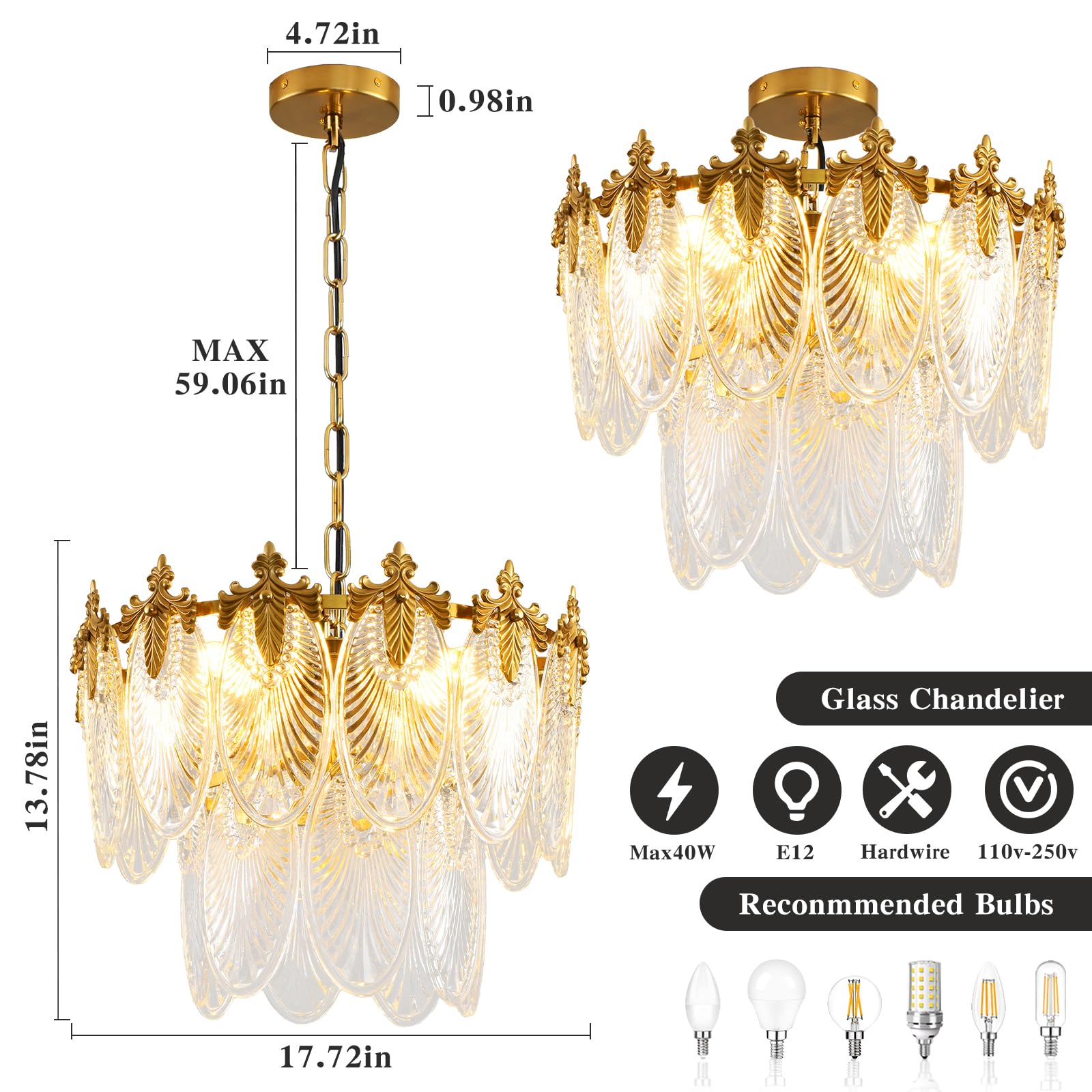 KELUOLY Antique 2-Layer Crystal Glass Chandelier, 4-Lights Round Pendant, 17.7" Brushed Brass Gold, Adjustable Height, Ideal for Home Decor