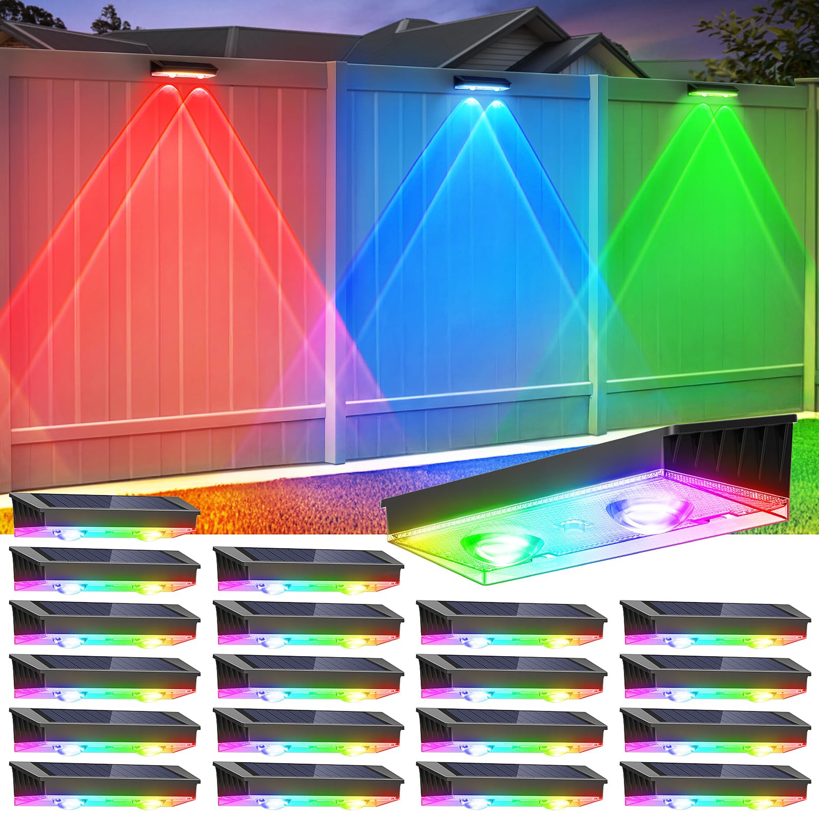 Etetale Solar Fence Lights Outdoor, 20 Pack Warm White/RGB Fence Solar Lights with 2 LED, IP65 Waterproof, Backyard Patio Decor 