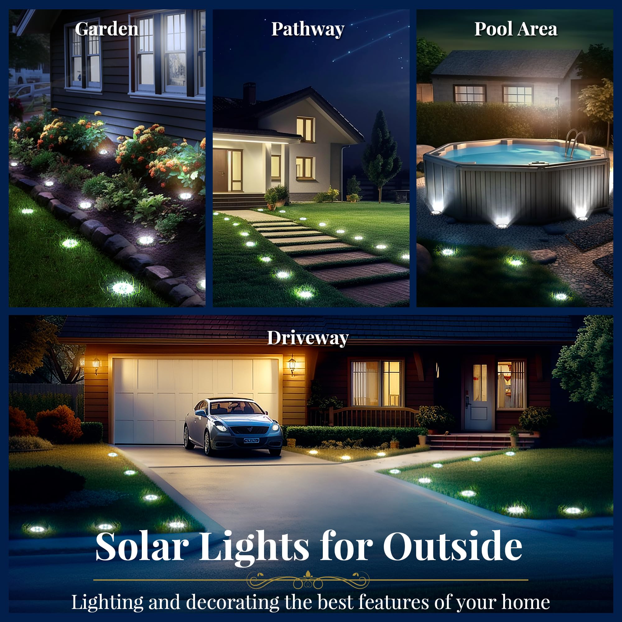 SOLPEX Solar Ground Lights, 16 Pack, Waterproof, 8 LED, Stainless Steel, Cool White, Model 8715