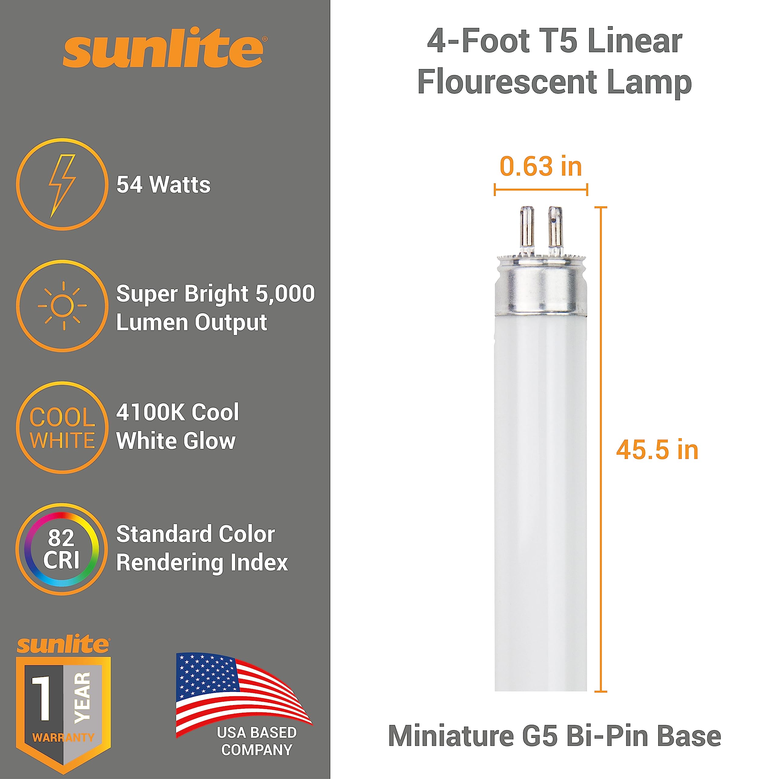 Sunlite T5 Linear Fluorescent Lamp 54W 5000 Lumens 4100K Cool White F54T5/841/HO 40 Count