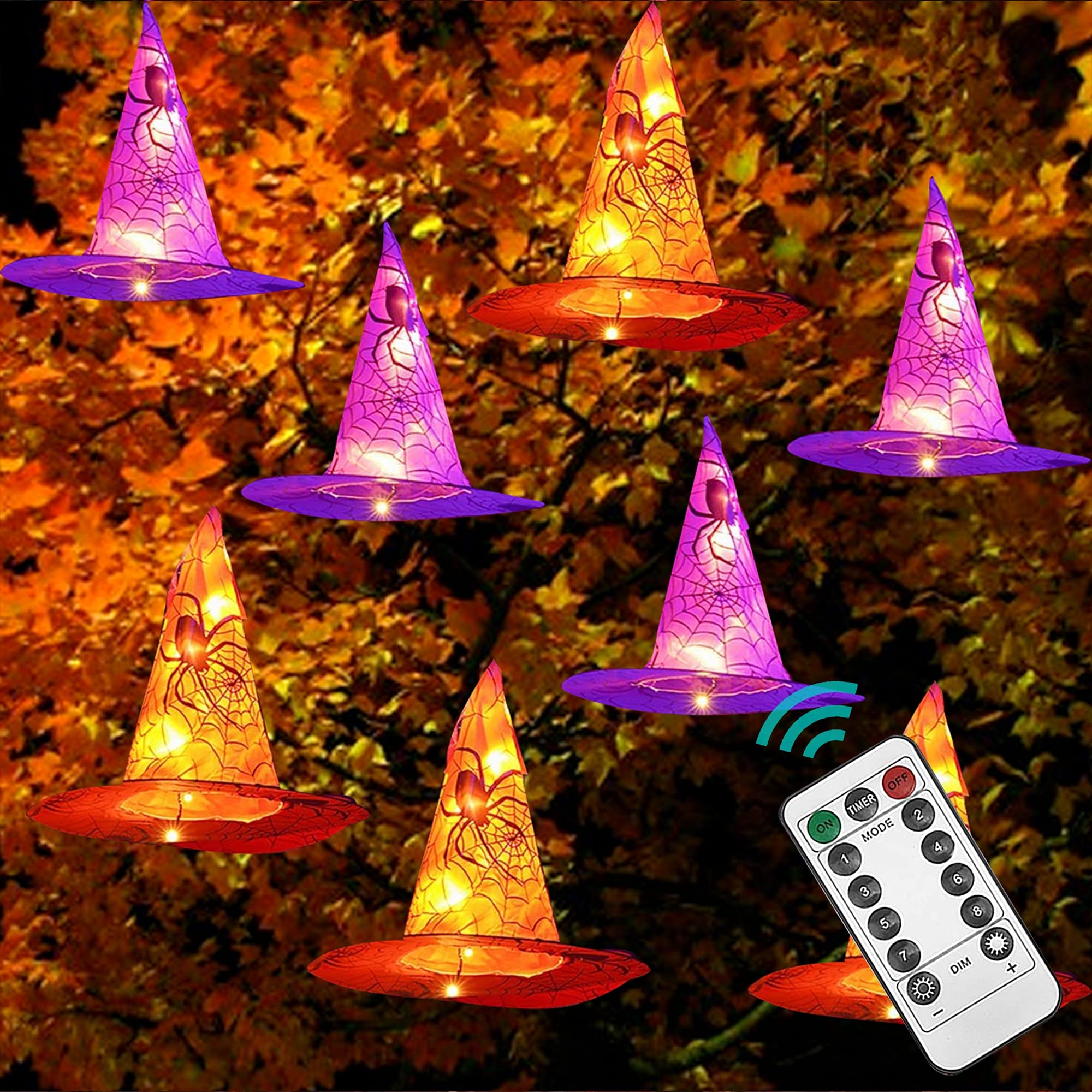 Dazzle Bright Witch Hat String Lights, 8 Pcs, Waterproof, Remote Control, Multicolor, Outdoor Halloween Decorations (2 Pack)