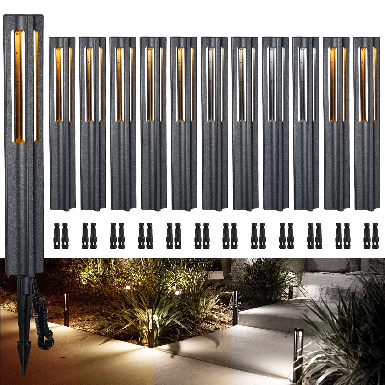 LEONLITE 12-Pack 5CCT Low Voltage Path Lights, 1800K2700K3000K4000K5000K Selectable, 3W LED Landscape Pathway Lights, Outdoor La