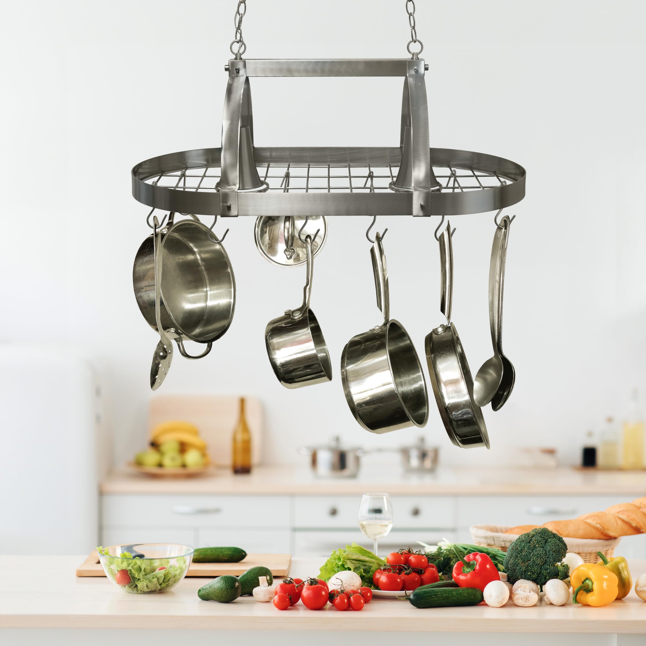 Elegant Designs Pr1000-Bsn Home Collection 2 Light Kitchen Pot Rack With Down Lights, Brushed Nickel