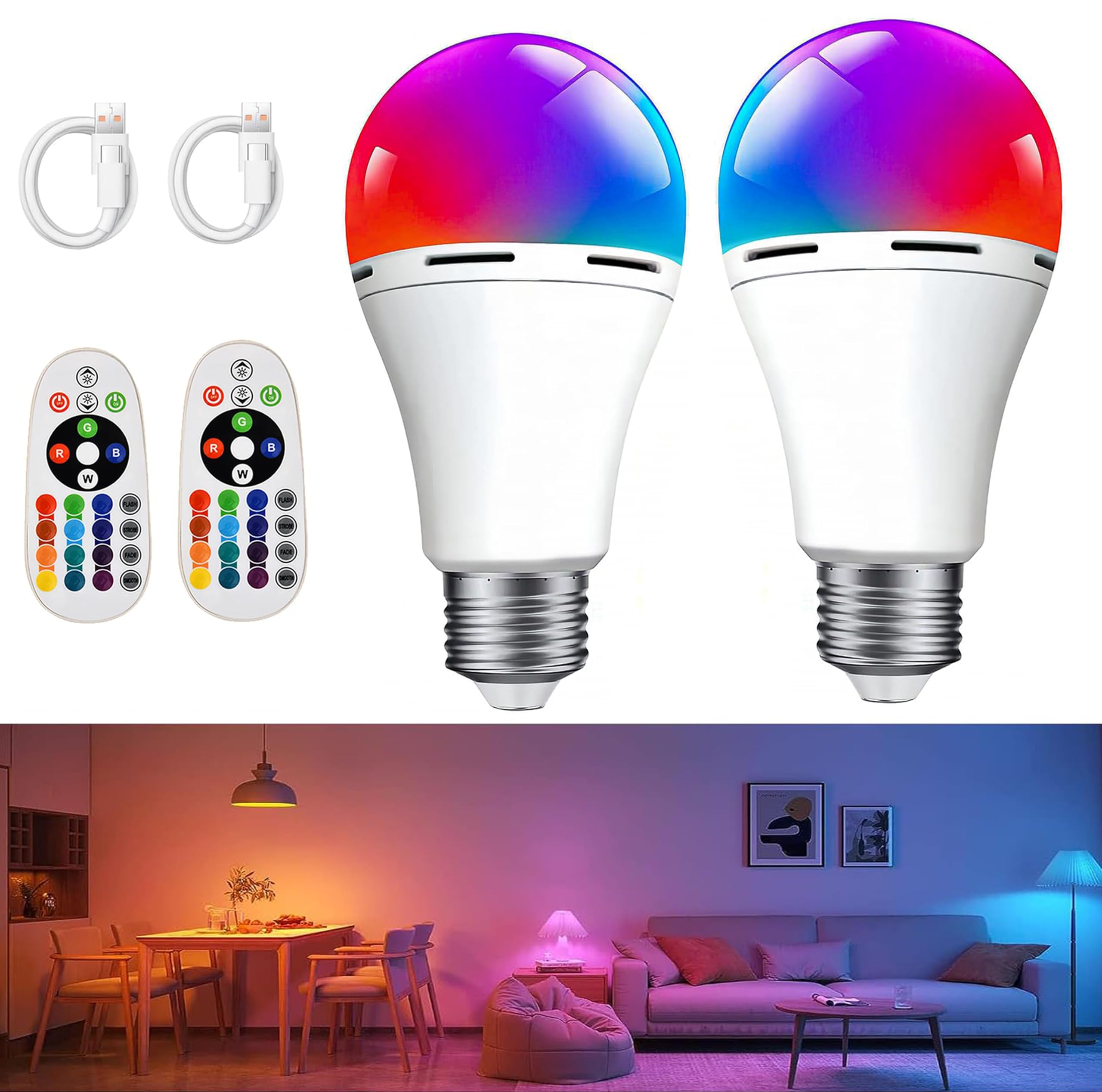 HOMOSUM Rechargeable LED Light Bulb, E26 Dimmable, 40W Equivalent, 2500mAh, Remote Control, 2-Pack, Aluminum, RGB