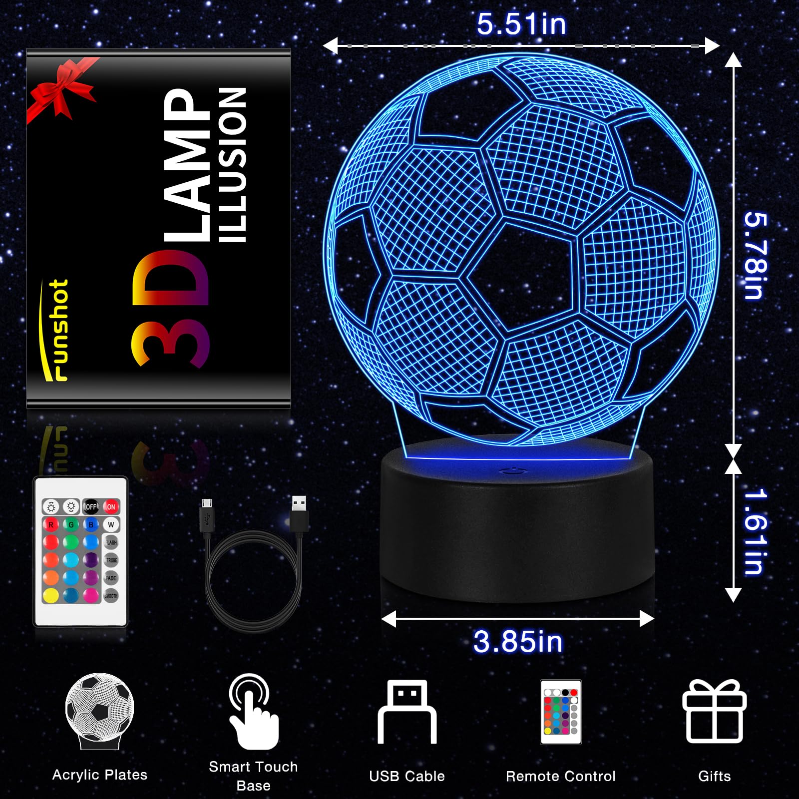 Funshot Soccer Lamp, Soccer Gift, Soccer Room Decor Night Light,Soccer Decor For Boys Room, 16 Colors 4 Light Models Changing With Remote Control