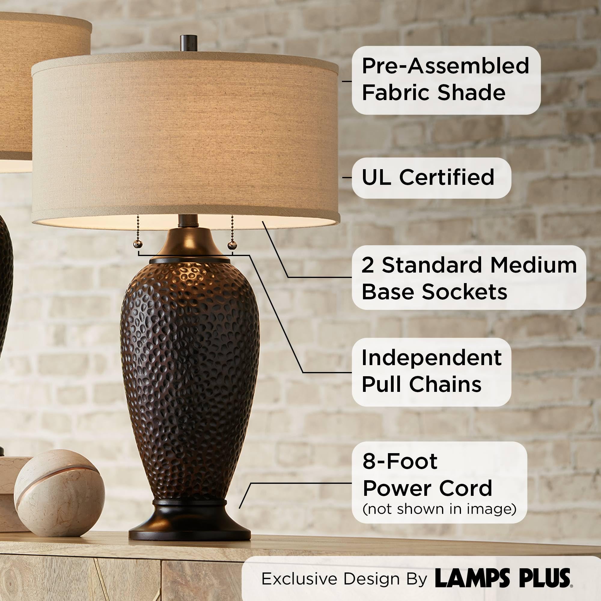 360 Lighting 26" Cody Table Lamps Set of 2, Modern Industrial Style, Hammered Oiled Bronze with Brown Oatmeal Linen Shade