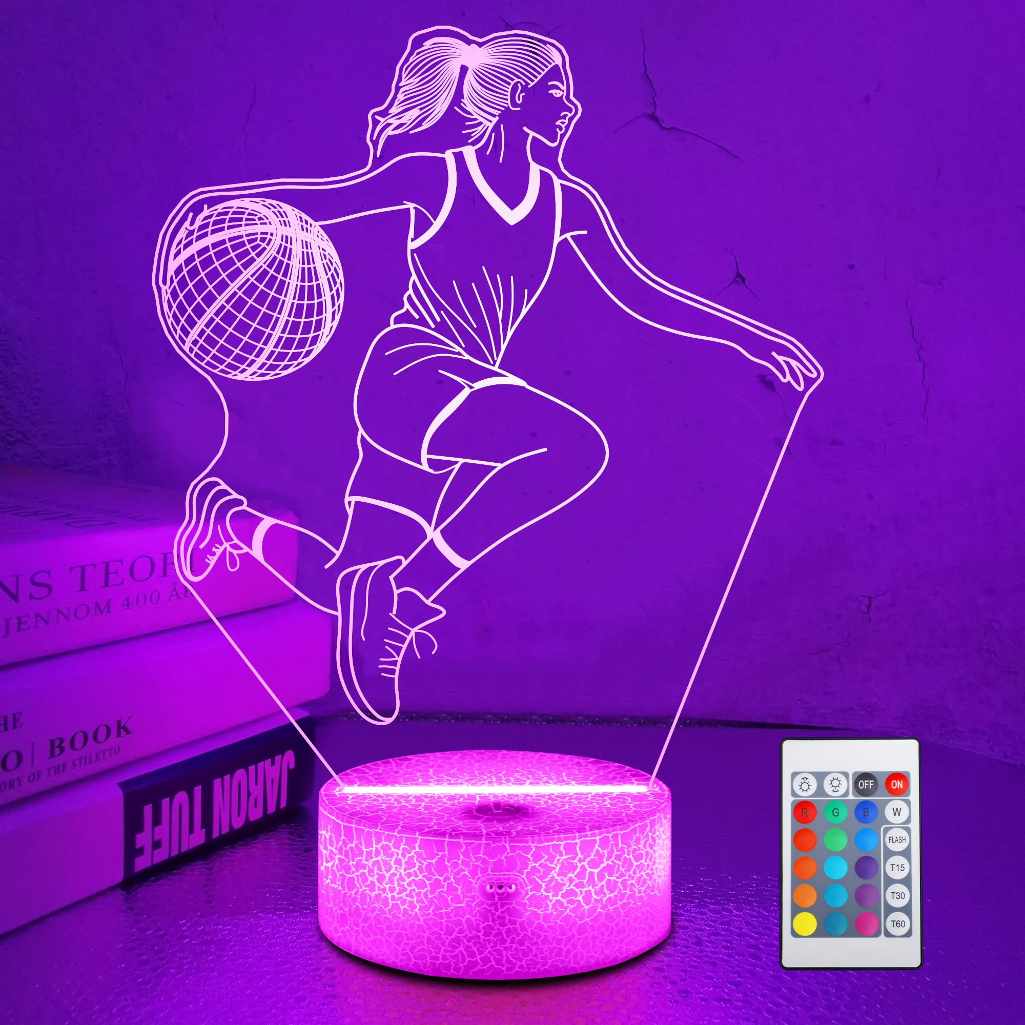 OkiyiD Basketball Gifts for Girls, Light Up Basketball Night Light 3D Illusion Lamp with 16 Colors Remote Control, Basket ball A
