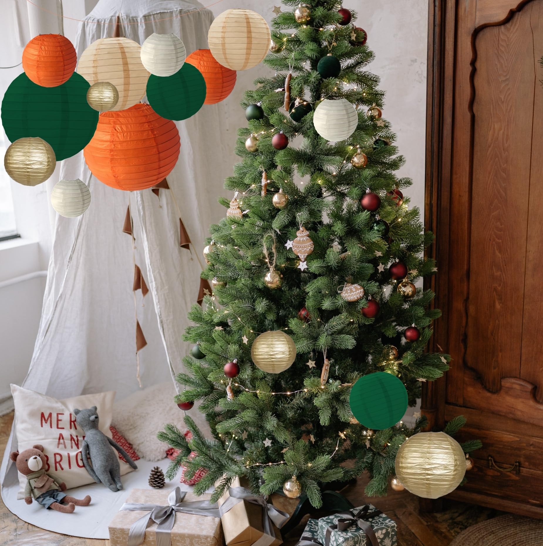 Capesaro Green Orange Paper Lanterns Decorative 15Pcs Party Hanging Decorations For Bachelorette Wedding Birthday Baby Shower Graduation Anniversary Mermaid Lavender Themed Room Decor