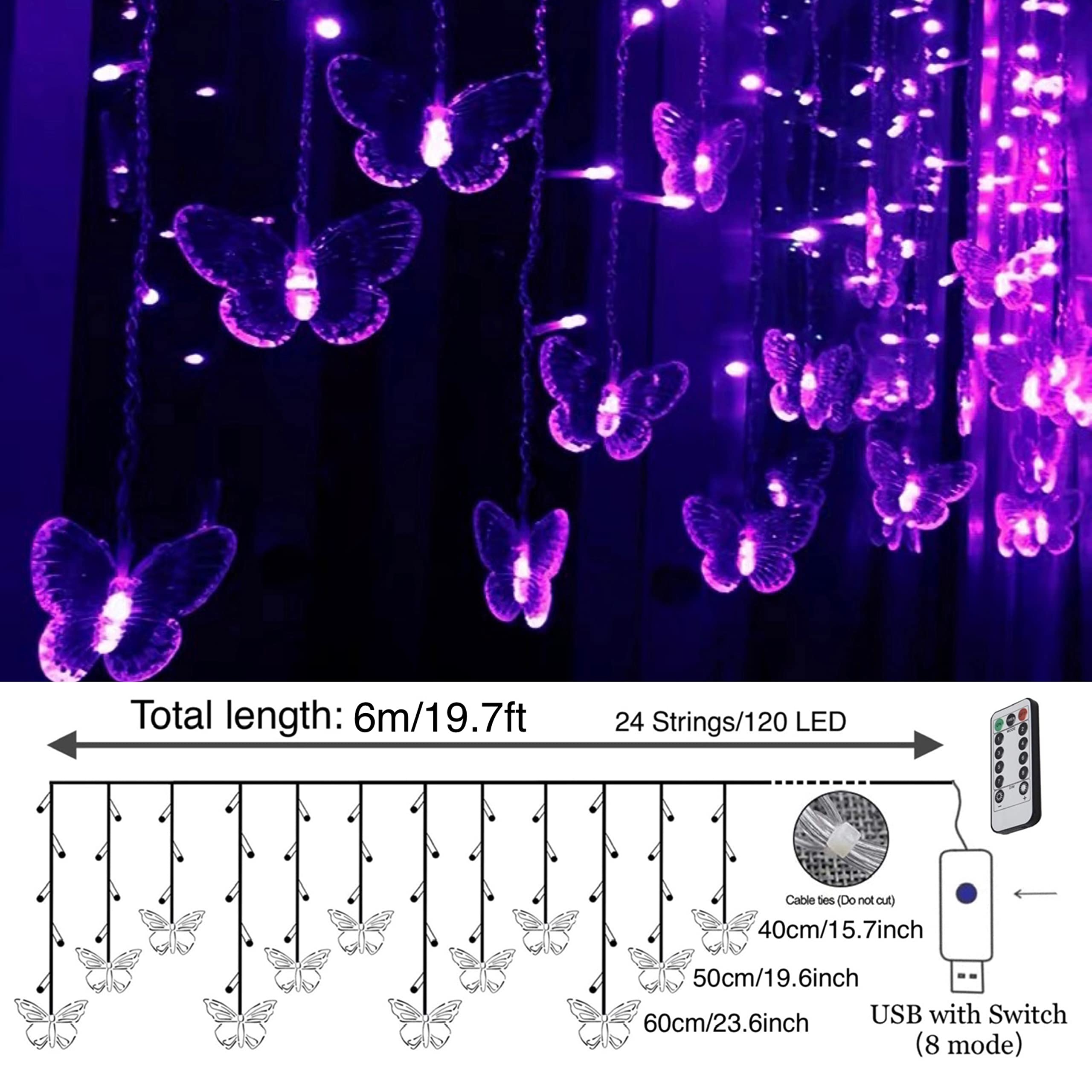 Felishine Purple Butterfly Curtain Fairy Lights - 120 Led, 8 Modes, Remote, Waterproof, 19.7Ft