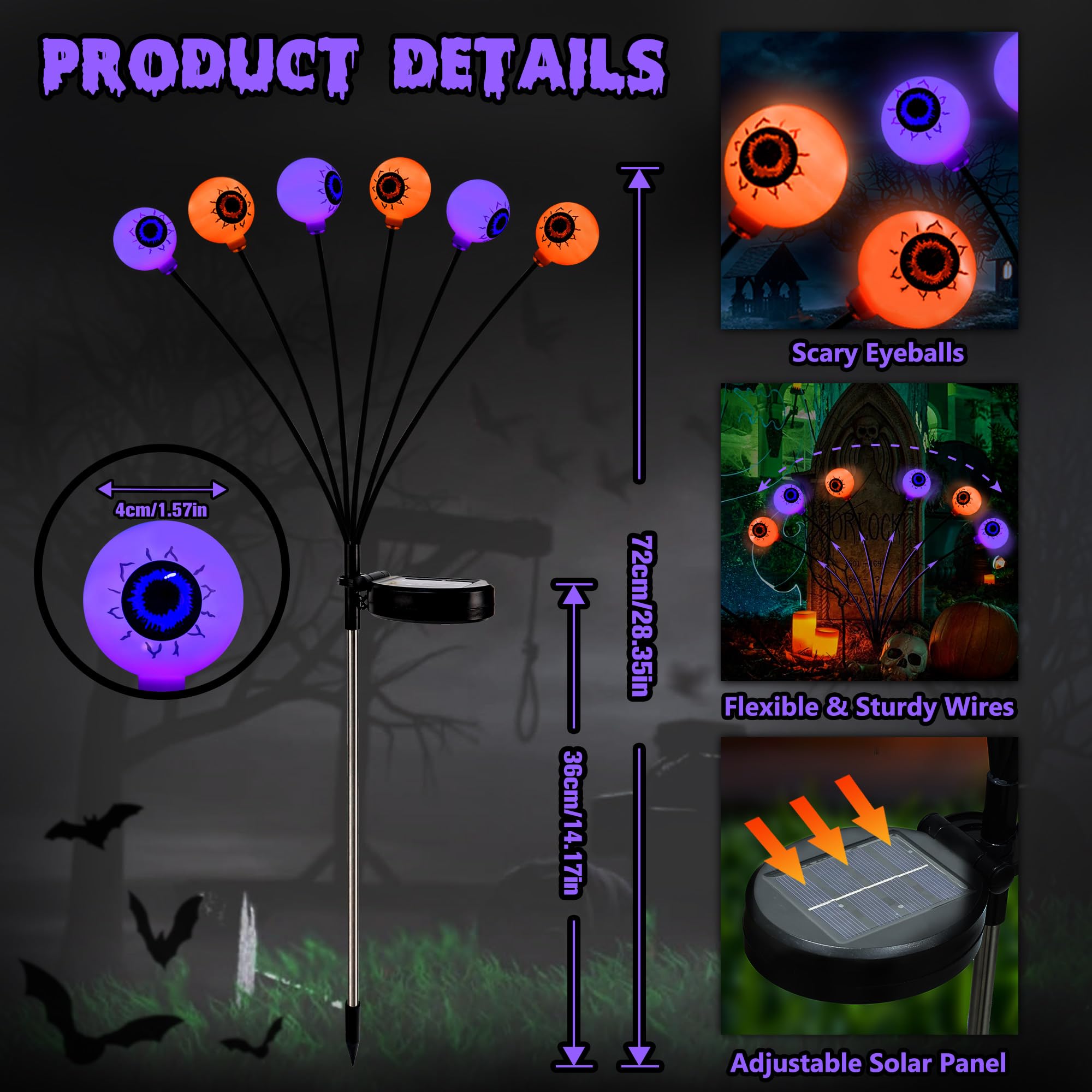 BrizLabs 6 Pack Solar Halloween Eyeball Lights, Waterproof Outdoor Pathway Lights, Orange & Purple