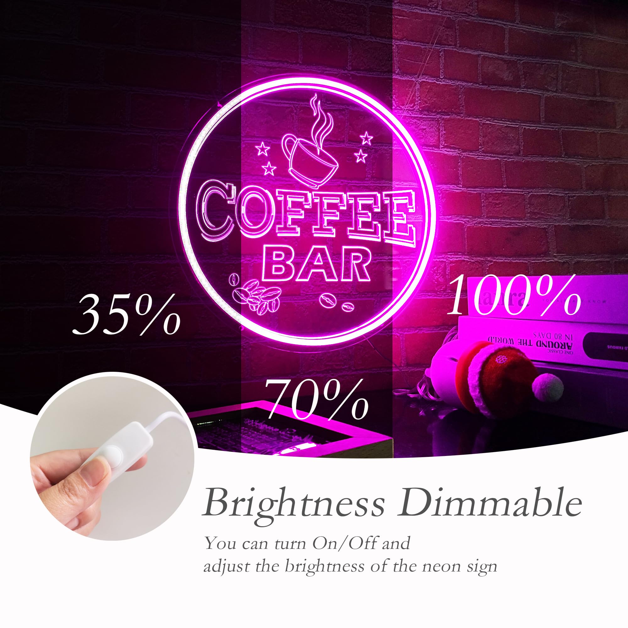 NOXTROND Neon Coffee Bar Sign, Dimmable USB Powered, 12in Round, Pink, Model CB09, Perfect for Cafe and Kitchen Decor
