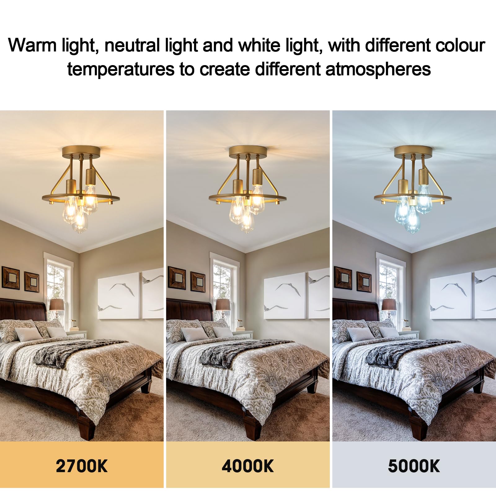 Qgiytp Gold 3-Light Semi Flush Mount Ceiling Light Fixture Metal Farmhouse Vintage Chandelier Circle Ceiling Lamp For Bathroom Kitchen Dining Room Laundry Room Foyer Closet Stairwell