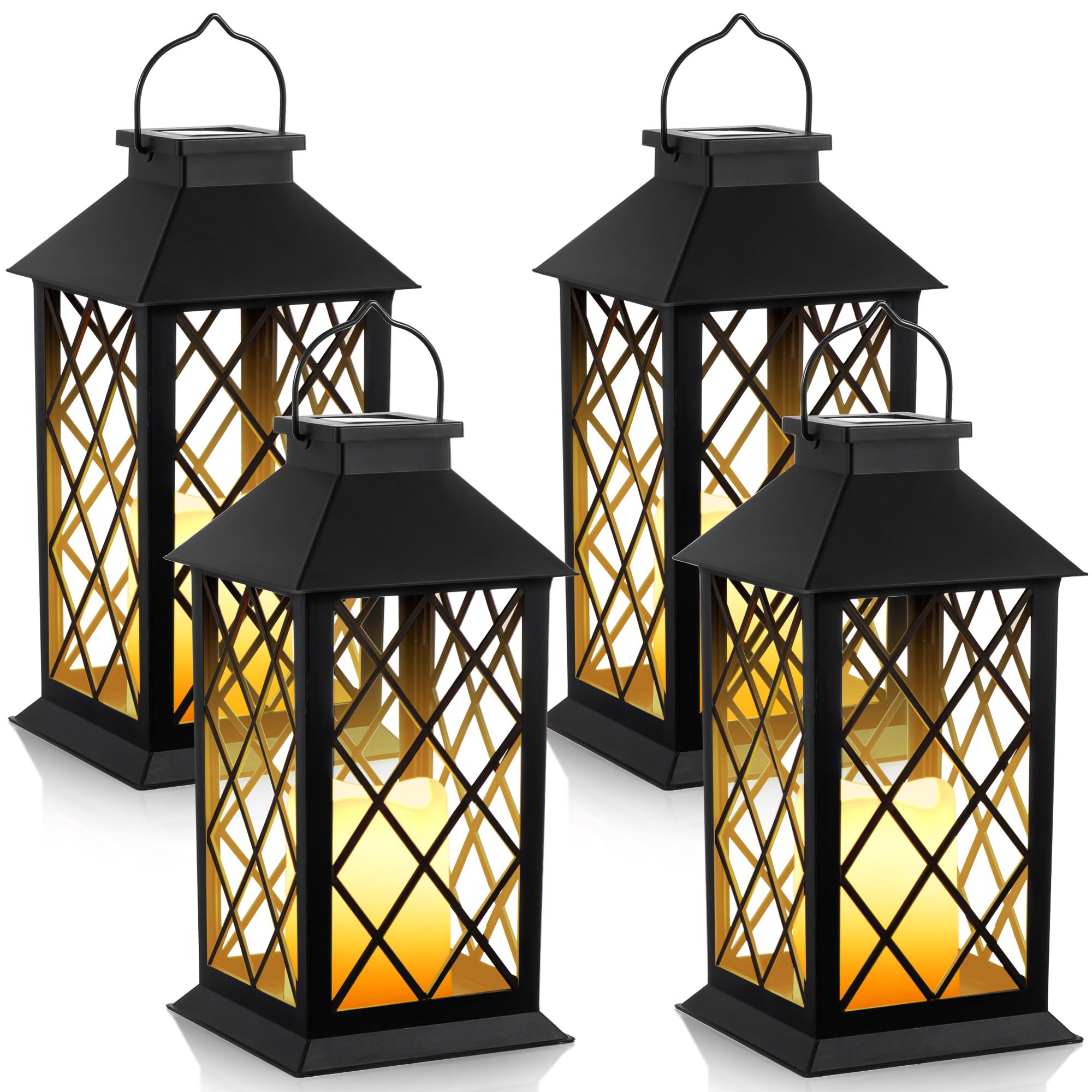4 Pack Solar Hollow Lanterns Outdoor, Waterproof Patio Hanging Lanterns with LED Flickering Flameless Candle Lights, Decorative 