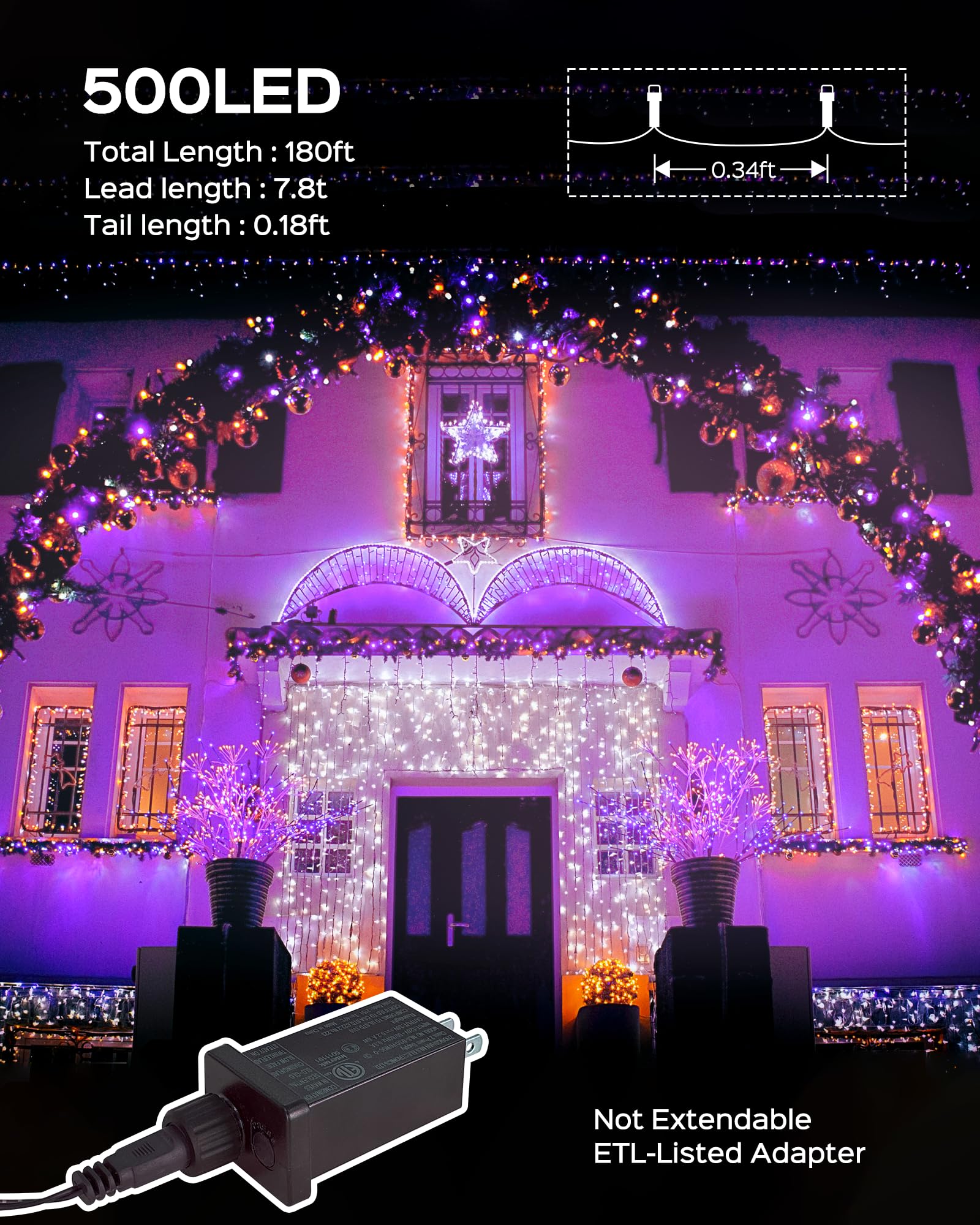 JACKYLED 180FT 500LED Halloween String Lights, Waterproof Orange & Purple, 8 Modes, Plug-in Decor for Indoor/Outdoor Use