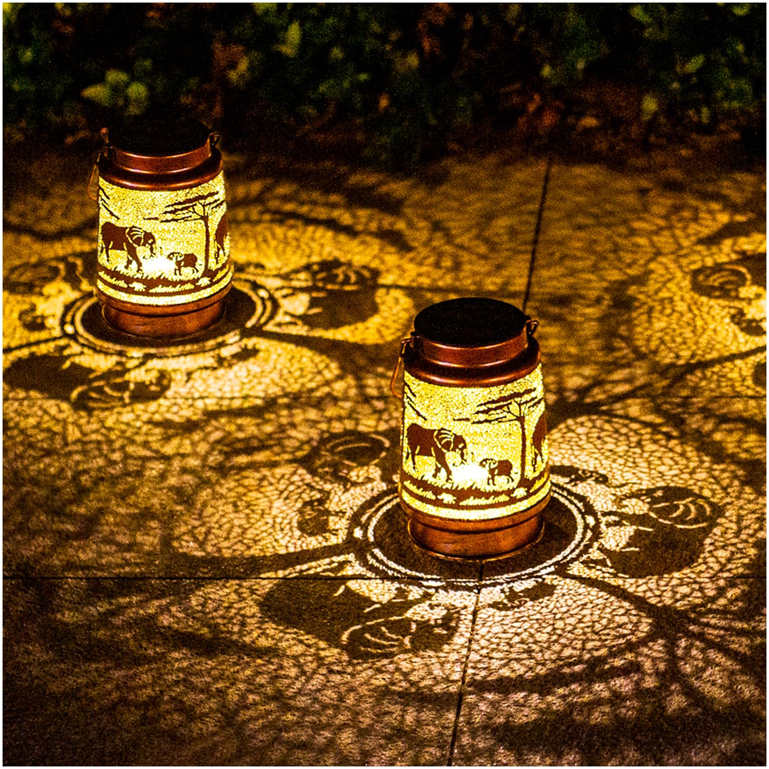 2 Pack Elephant Outdoor Solar Hanging Lanterns Waterproof LED Solar Lights Metal Decorative Lanterns for Garden, Patio, Courtyar