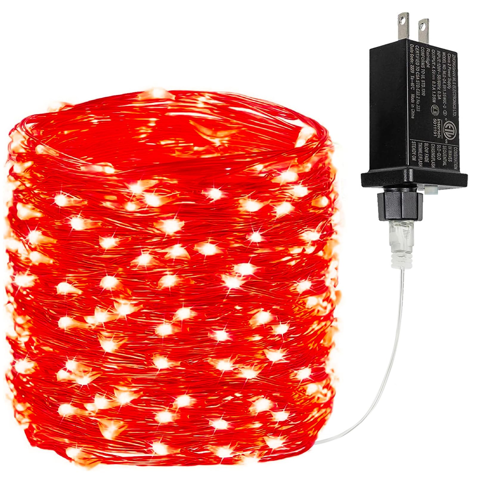BHCLIGHT 200LED Fairy Lights, Waterproof String Lights, 8 Modes with Timer, 66Ft, Red, Model MLS-D4.5V1.35WUC-O