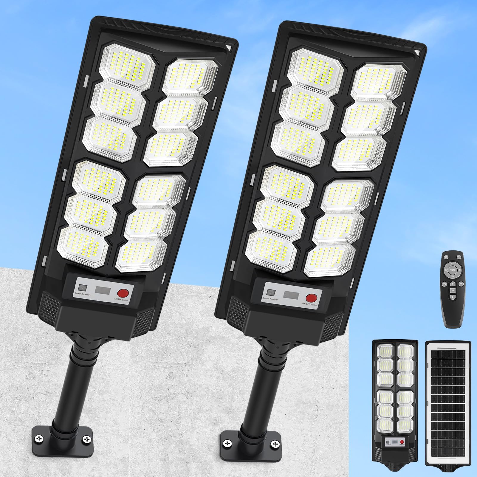 CNOIJUTS Solar Street Lights 6500K 13000LM Dusk to Dawn Motion Sensor 2-Pack Black TL388