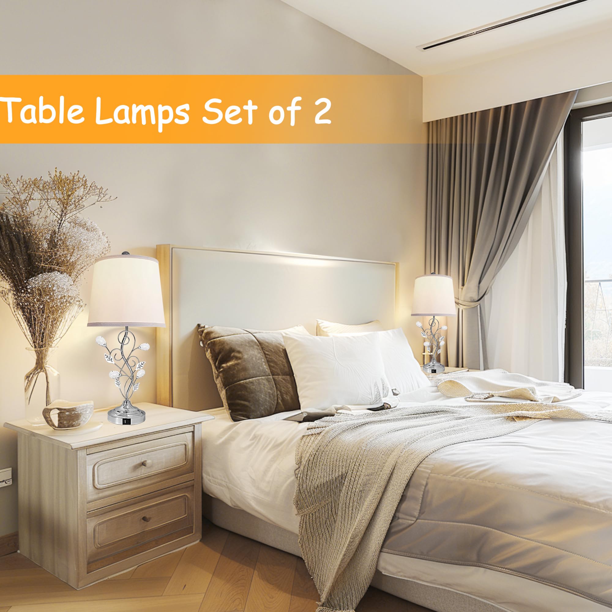 Sheetea 24.5In Modern Table Lamps For Living Room Set Of 2, Silver Lamps For Bedroom With 2 Usb Charging Ports, White Bedside La