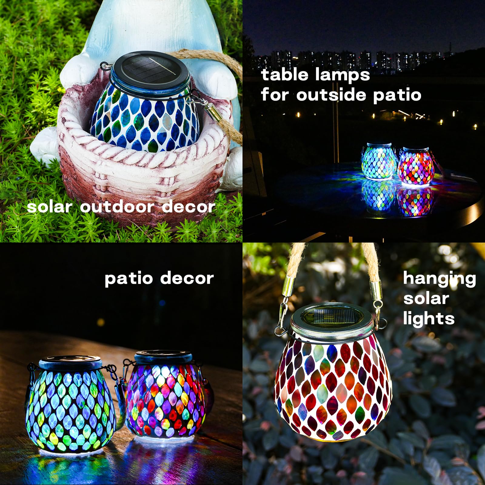 Mosaic Blue Solar Lanterns, Outdoor Glass Hanging Lights, Waterproof, Solar Table Lamps, Christmas Gifts For Women Mom Grandma, Night Lights, Decoration For Garden, Patio, Yard, Party, Outdoor Decor