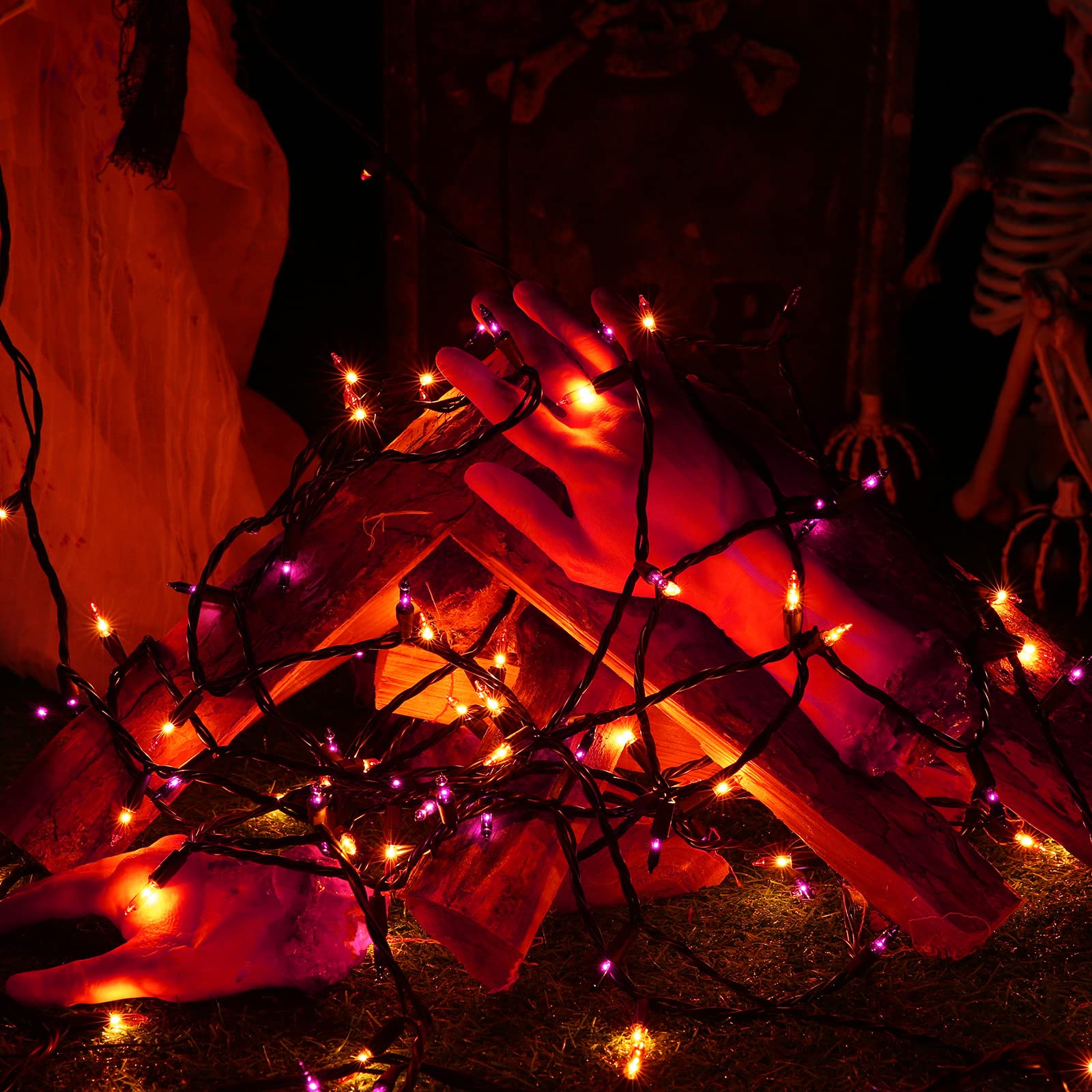 Toodour Halloween String Lights, 300 Count Mini Bulbs, 77ft, Orange & Purple, UL Certified, Black Wire