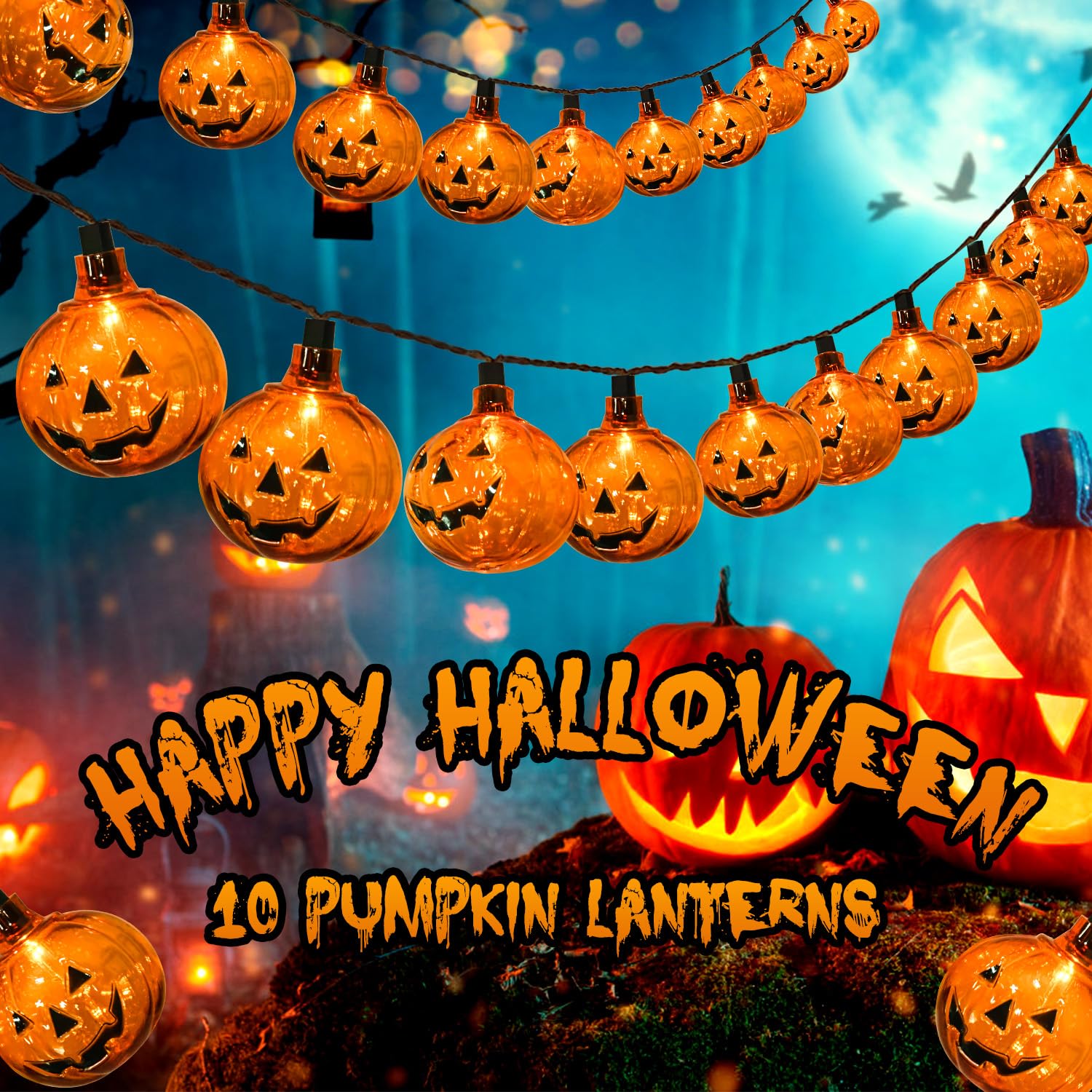 Pasuto Halloween Lights Pumpkin String Lights, 8.5 Feet Pumpkin Lights With 10Pcs Pumpkin Lantern Lights, For Halloween Indoor Outdoor Party Yard Home Decor Lights (Orange Incandescent Bulb)