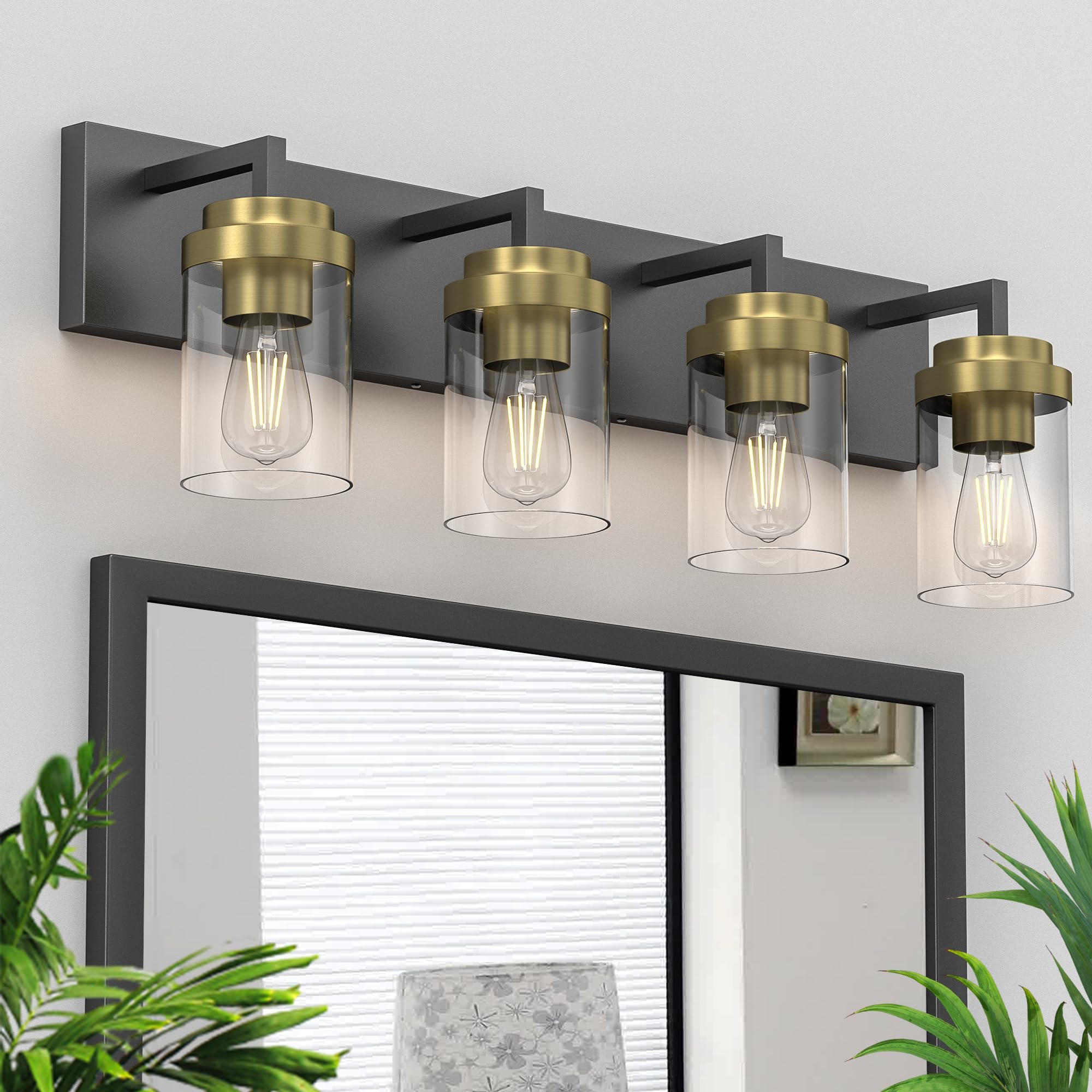 Espird Bathroom Lighting Fixtures, 4-Light Bathroom Vanity Lights Over Mirror, Black And Gold Vanity Light With Glass Shade, Mod