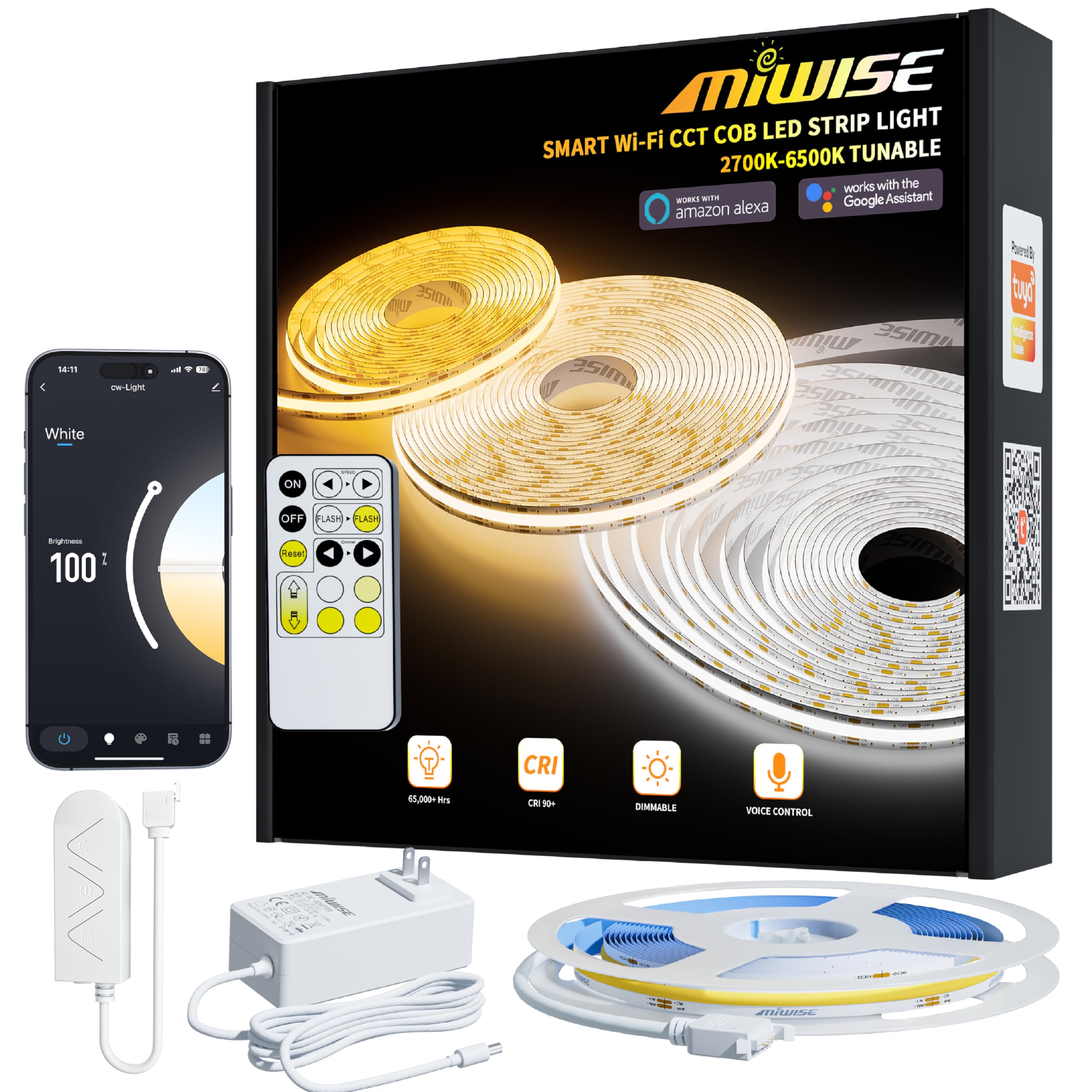 MIWISE COB LED Strip Light 32.8ft 2700K-6500K Dimmable Color Changing Remote & APP Control UL-Listed Model MCCTCOB576D10W24
