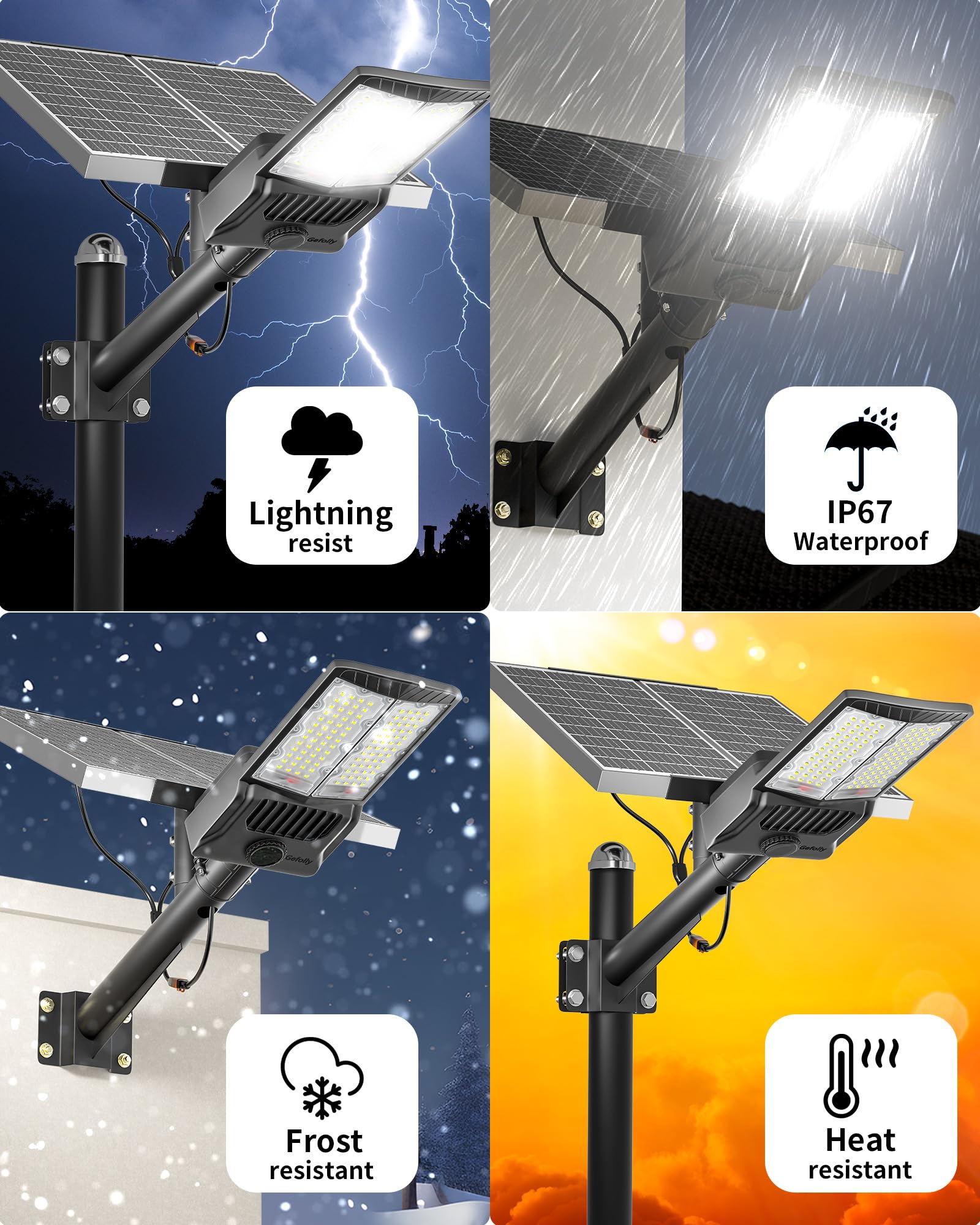 Gefolly SL-8500W Solar Street Light, 500000LM, IP67 Waterproof, 6500K, Motion Sensor, Black - Ideal for Outdoor Security & Parking Lots